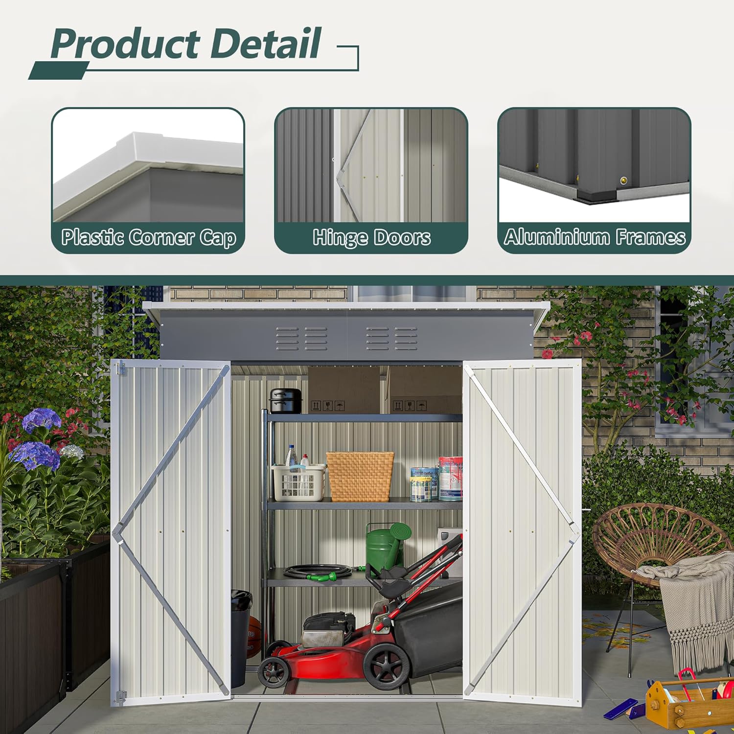 KEIKI Storage Shed 6x4 FT, Small Metal Tool Shed for Outdoor Storage, Galvanized Steel Garden Shed with Floor & Lockable Doors for Patio, Backyard, Lawn, Grey
