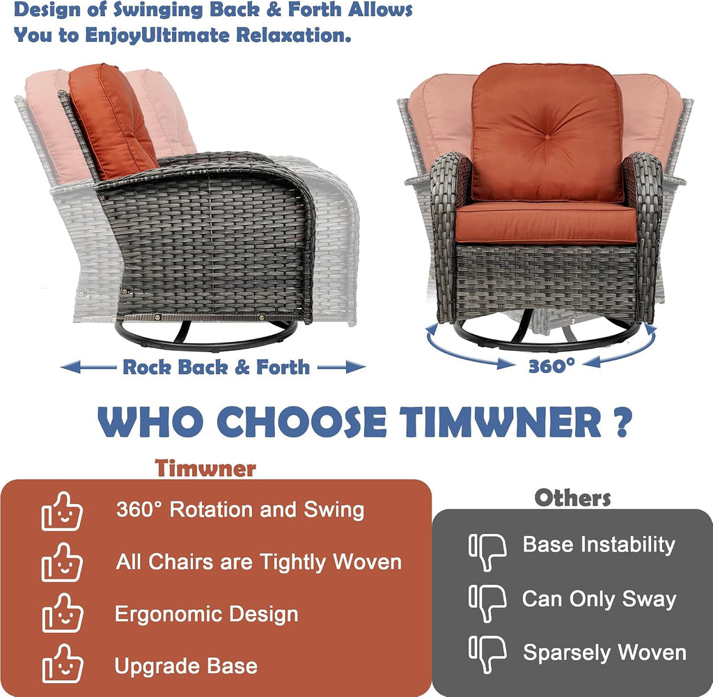 3-Piece Swivel Rocker Wicker Chair Set of 2 ，360-Degree Rocking Chairs Outdoor with Cushions，Glass Table for Garden,Backyard, Bistro.Red