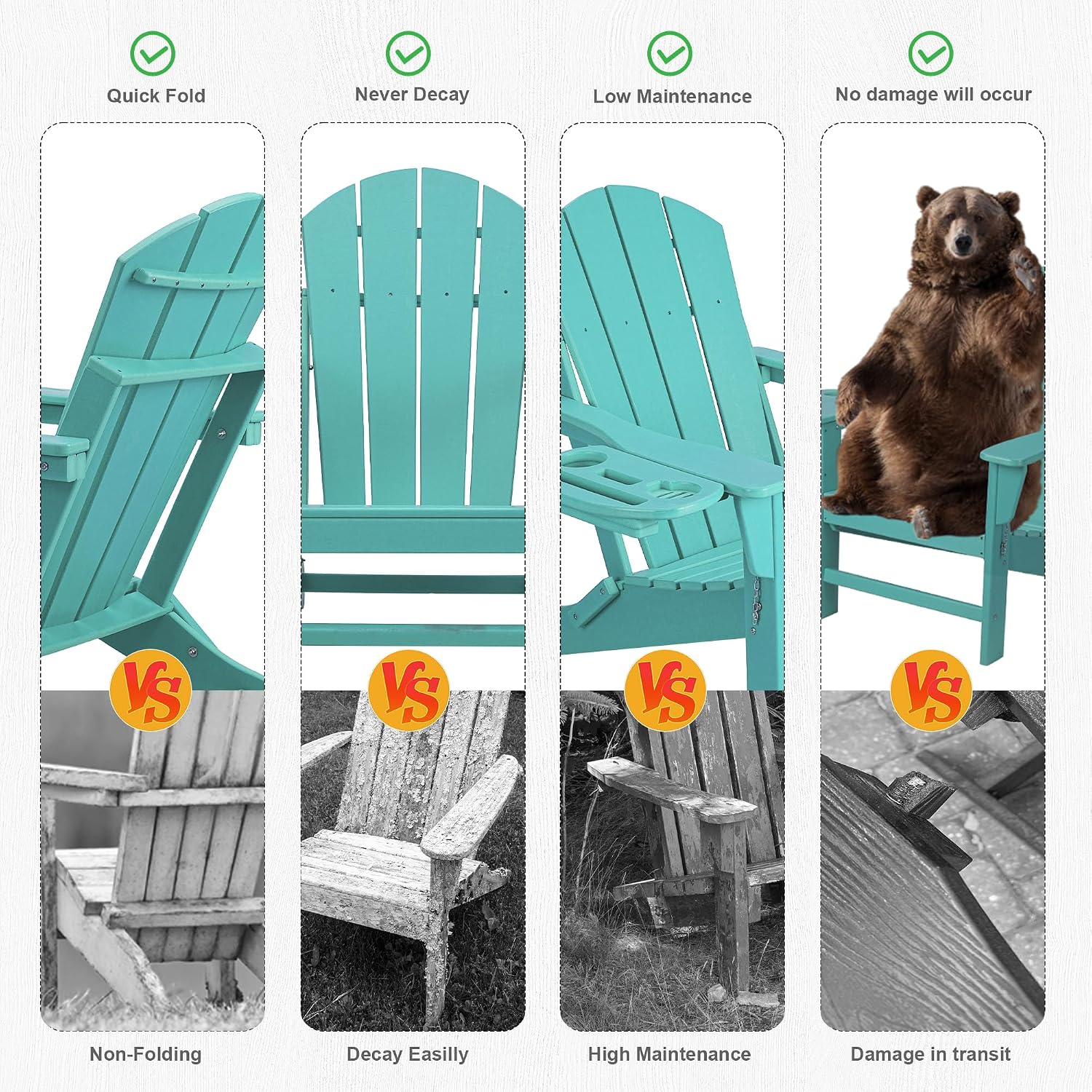 FOOWIN Folding Adirondack Chair, HDPE Adirondack Chairs with Cup Holder, Weather Resistant Plastic Fire Pit Chairs for Outdoor, Patio, Lawn, Garden, Backyard, Deck, Lake Blue
