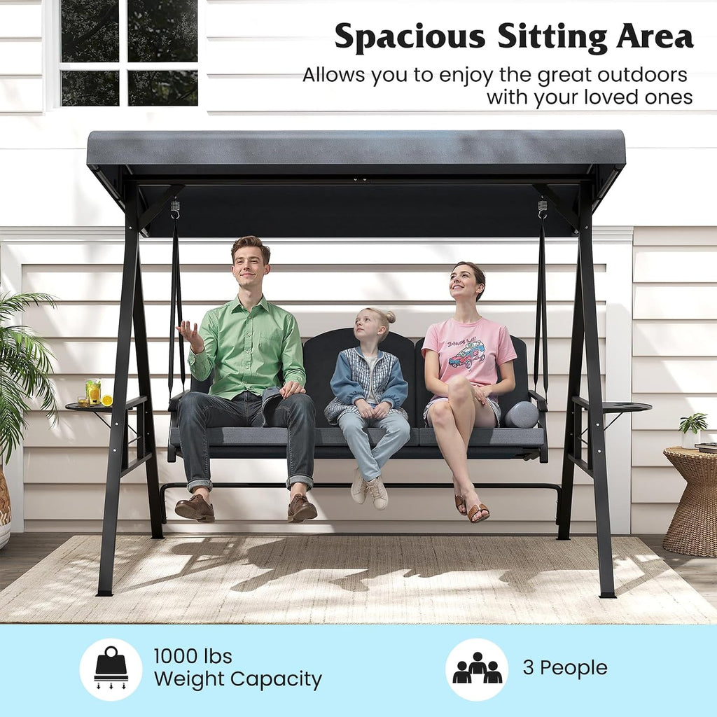 Tangkula 3 Person Porch Swing, Outdoor Swing with Adjustable Canopy, Thickened Cushions & Pillow, Metal Frame, Foldable Side Tray for Backyard, Garden and Poolside (Grey)
