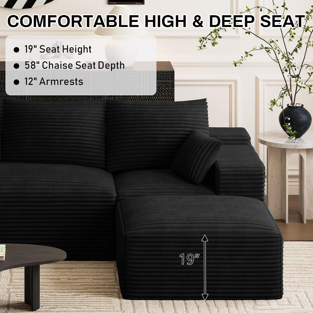 108' Oversized U-Shaped Sectional Couches for Living Room, Comfy Fluffy Corduroy Black Boneless Cloud Couch with 2 Ottomans, Plush Memory Foam Modular Sectional Sofa for Small Spaces