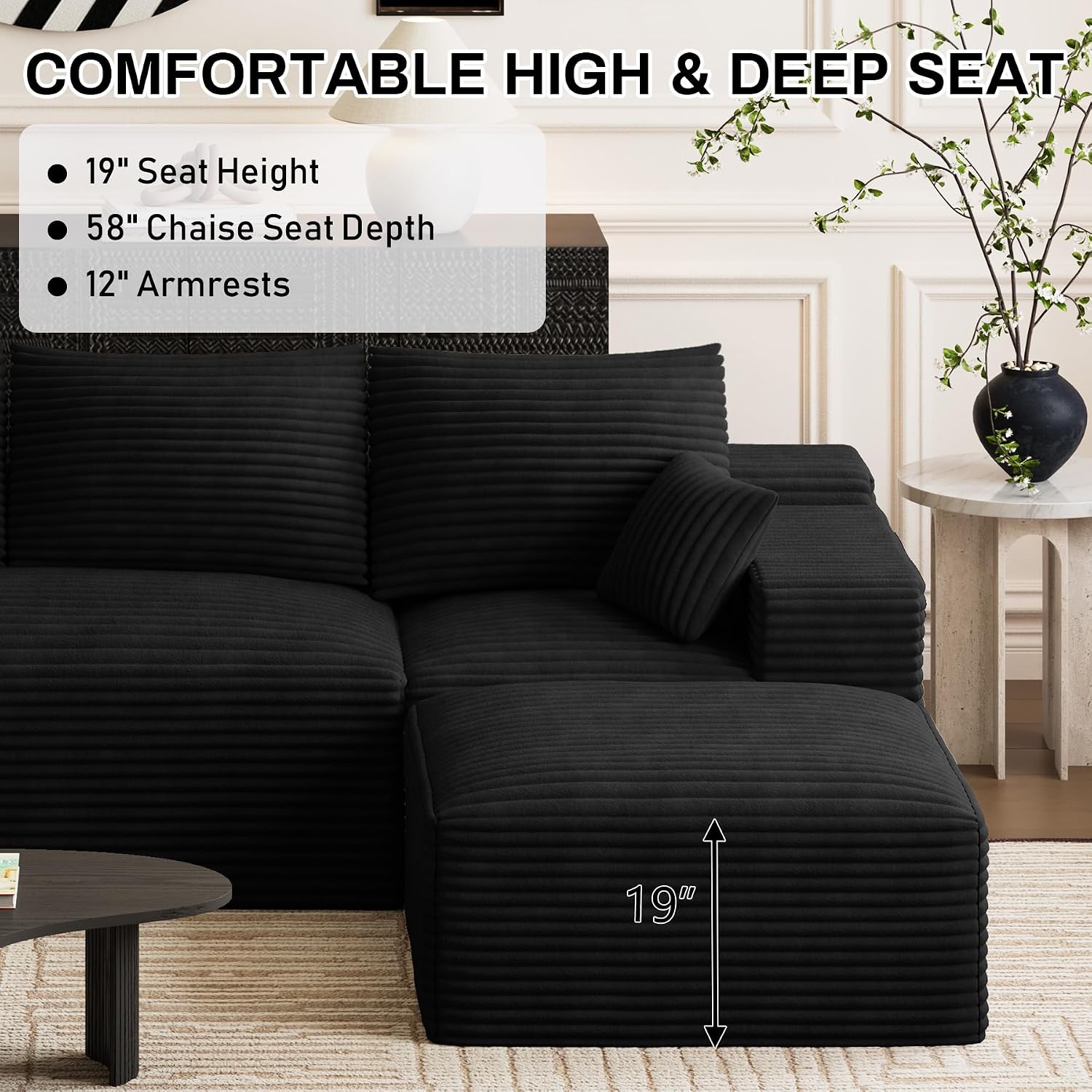 108' Oversized U-Shaped Sectional Couches for Living Room, Comfy Fluffy Corduroy Black Boneless Cloud Couch with 2 Ottomans, Plush Memory Foam Modular Sectional Sofa for Small Spaces