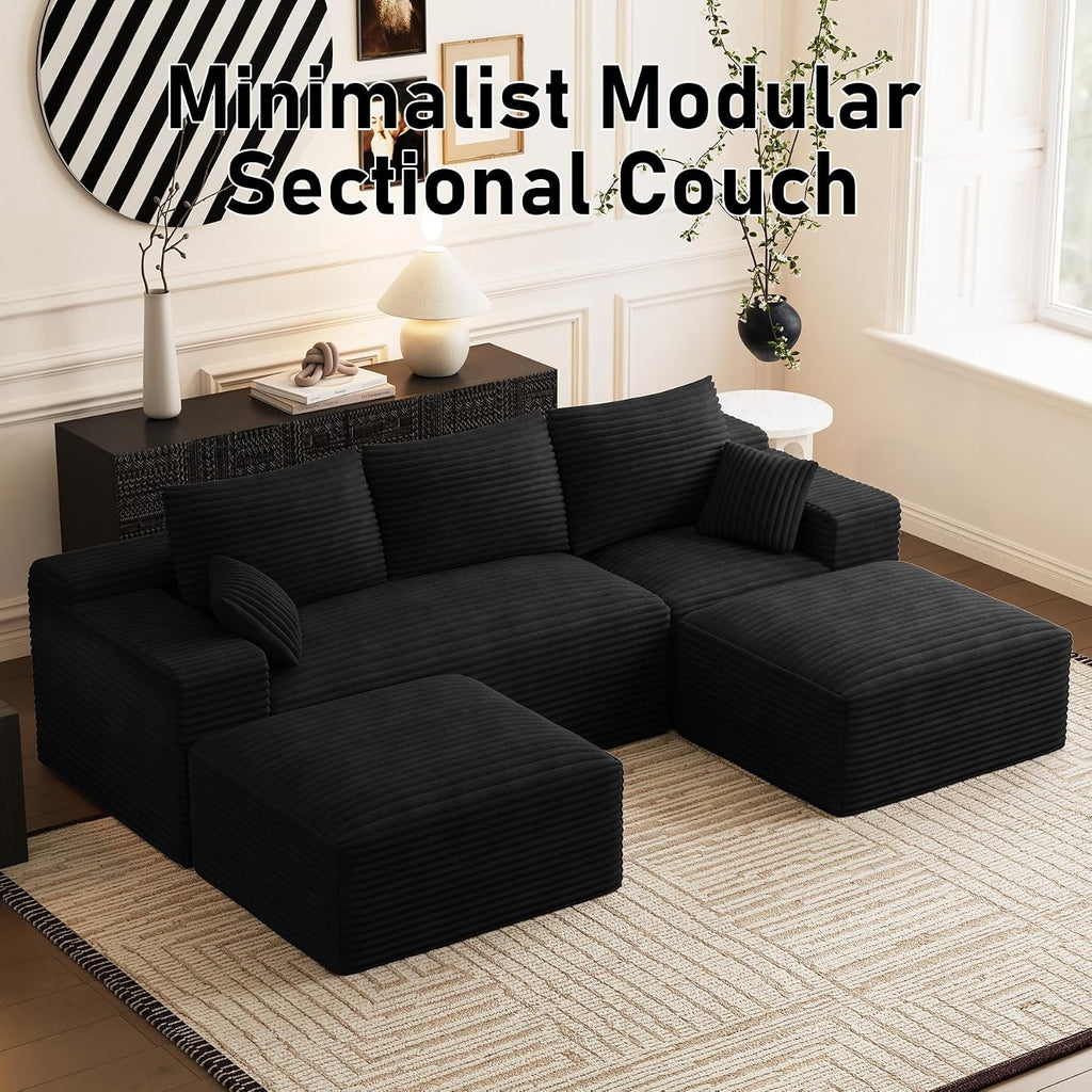 108' Oversized U-Shaped Sectional Couches for Living Room, Comfy Fluffy Corduroy Black Boneless Cloud Couch with 2 Ottomans, Plush Memory Foam Modular Sectional Sofa for Small Spaces