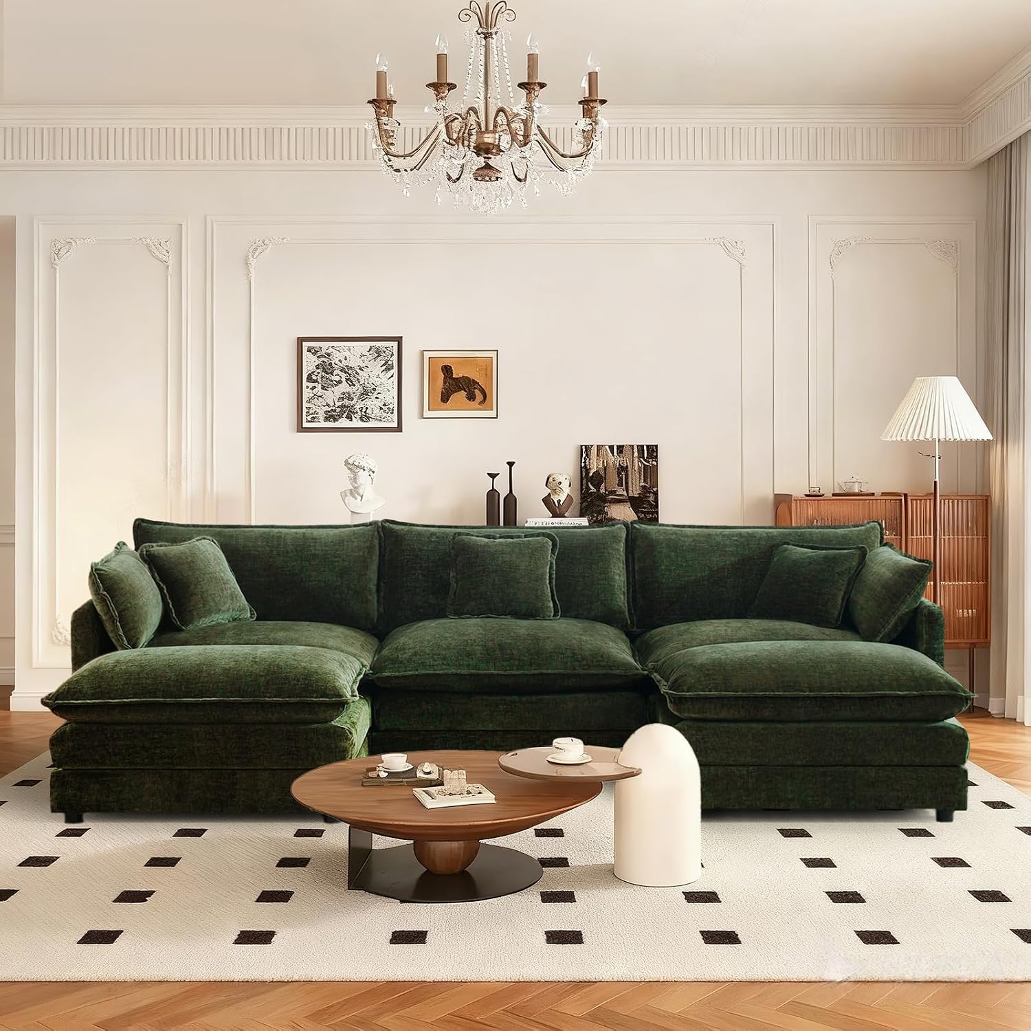 SoarFlash Chenille Sectional Sofa, Comfy L Shaped Modular Coush Sofa with Ottoman, Modern 3 Seat Couch Deep Seat Sofa Set for Living Room,Green