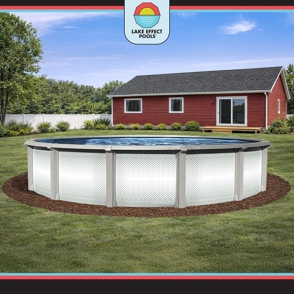 Lake Effect Pools 'Grand Cayman' 33 ft Round Above Ground Swimming Pool | 52 Inch Strong Extruded Resin Components | Bundle Includes: 25 Gauge Overlap Liner & Widemouth Skimmer