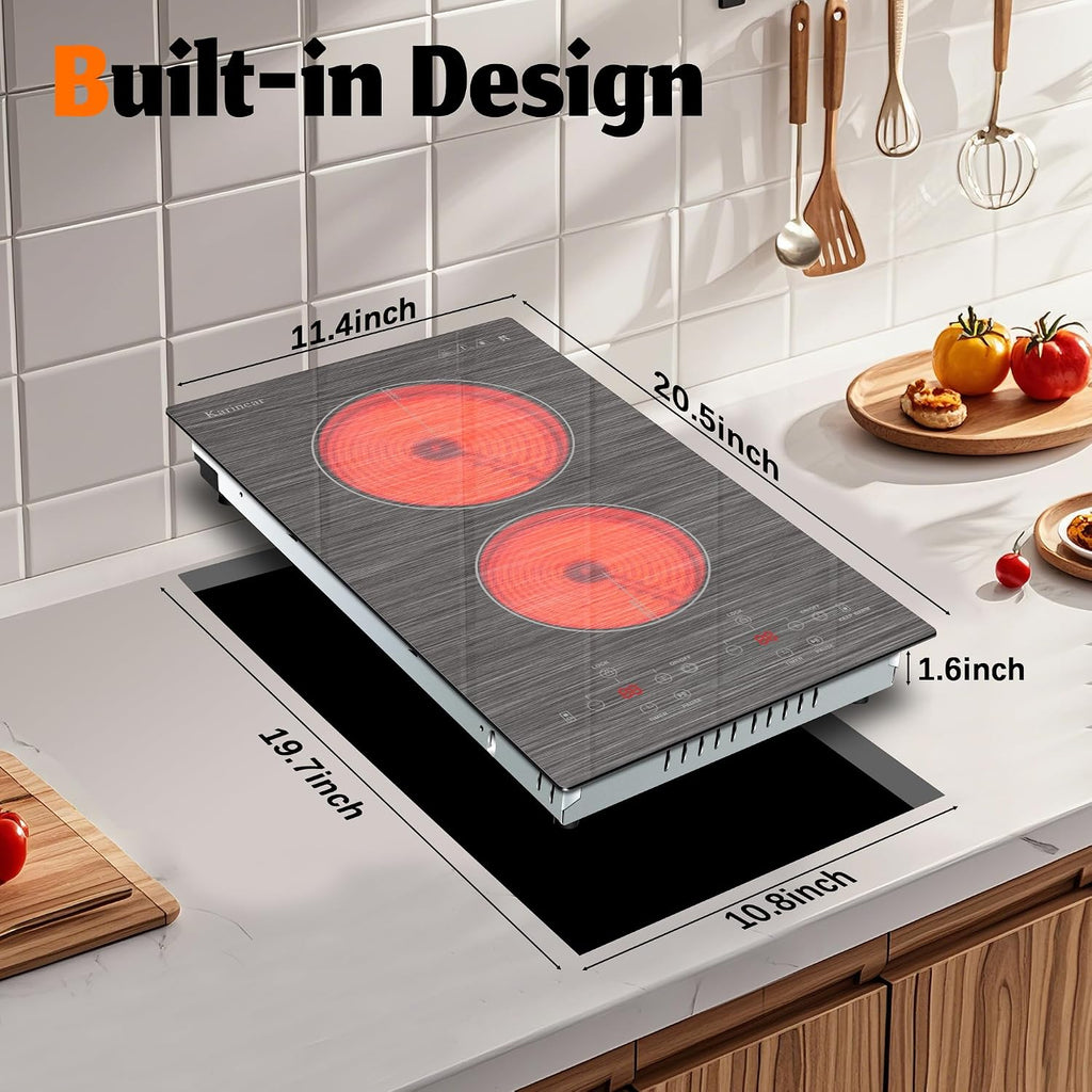 Karinear 2 Burner Electric Cooktop 110V, 12 Inch Countertop & Built-in Electric Stove Top, Plug-in Ceramic Cooktop with Child Safety Lock, Timer, Pause, Smooth Glass Surface with Beautiful Pattern(B)