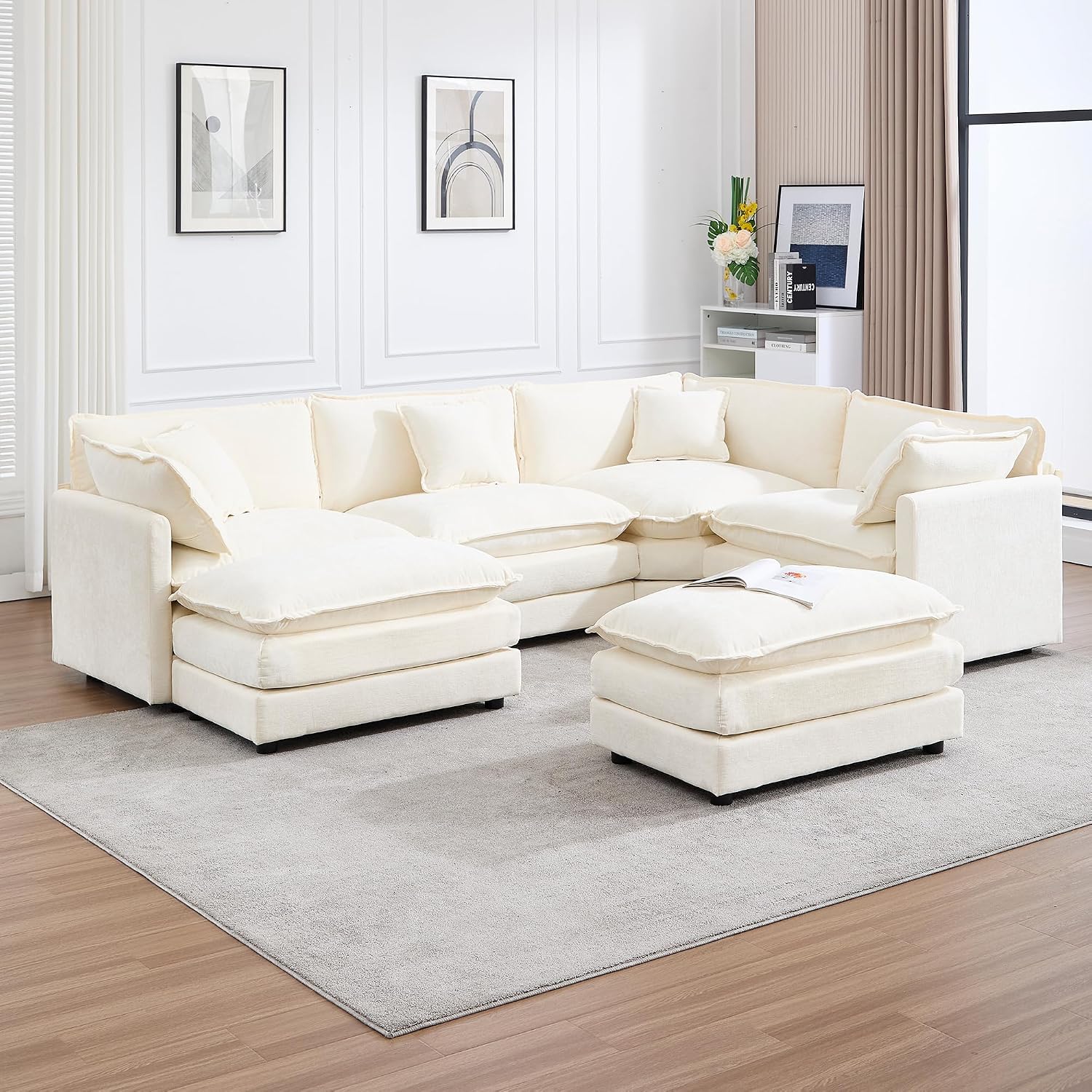 GNIXUU Oversized Modular sectional Sofa, Chenille Large Cloud Sectional Couches for Living Room, Convertible Deep 6 Seater L Shaped Couch with Ottoman for Living Room, Beige White