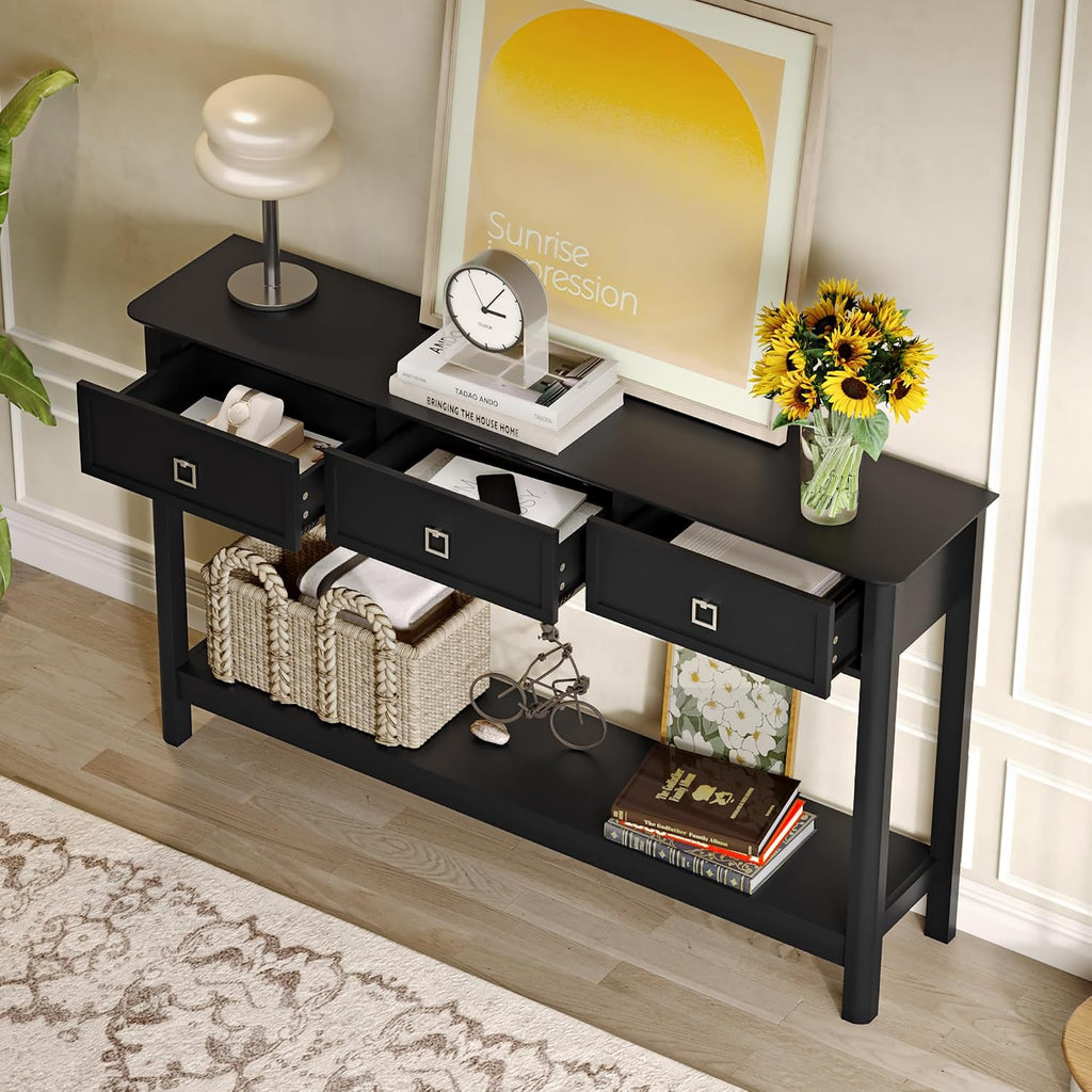 Treocho 53.1' Console Table with 3 Drawers, Modern Entryway Table, 2-Tier Narrow Long Sofa Table Behind Couch Table for Living Room, Hallway, Black