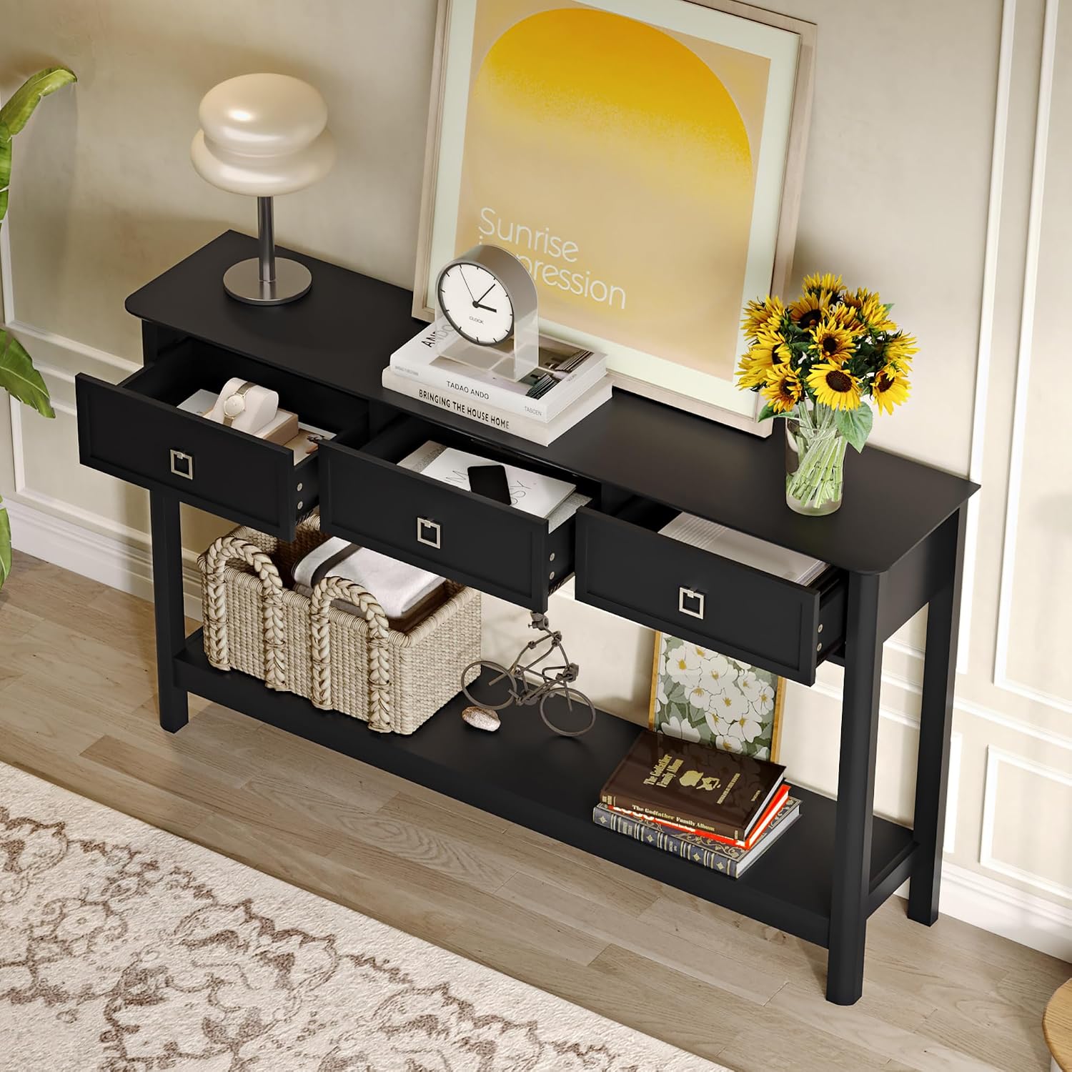 Treocho 53.1' Console Table with 3 Drawers, Modern Entryway Table, 2-Tier Narrow Long Sofa Table Behind Couch Table for Living Room, Hallway, Black