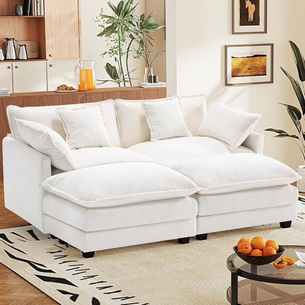 77.6' Modular Sectional Sofa,Loveseat Couch for Living Room, Modern Deep Seat Sofa 2 Seater Chenille Fabric Comfy Cloud Couches with Throw Pillows & Ottoman for Apartment,Small Spaces