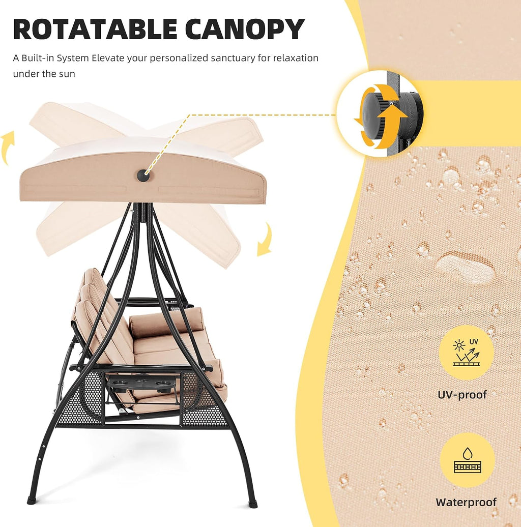 HOMREST 3 Person Outdoor Porch Swing with 1.5' Upgraded Cup Holder, Adjustable Canopy, Backrest, Patio Swing Bed with Weather Resistant Steel Frame, Cushions for Garden,Deck and Poolside(Khaki)