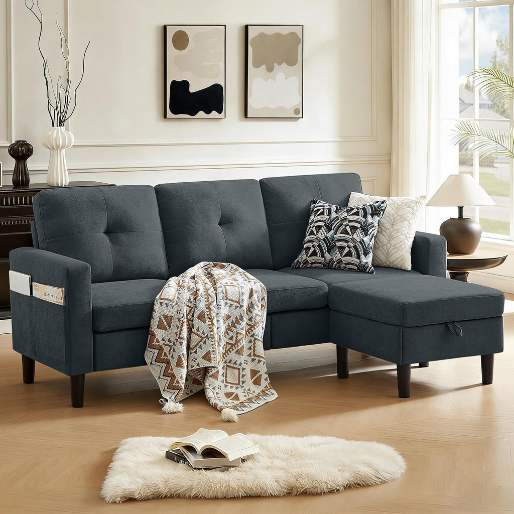 80' Convertible Sectional Sofa Couch with Movable Ottoman, 3 Seats Sectional Sofas L Shaped Couch for Small Spaces, Soft Fabric Couch for Living Room (Dark Grey)