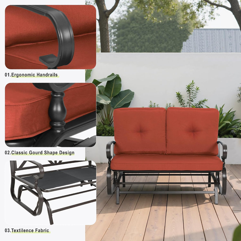 Incbruce 4Pcs Outdoor Metal Furniture Patio Conversation Sets (Glider, Bistro Table, 2 Spring Lounge Chairs) - Wrought Iron Outdoor Glider Chairs Sets (red)