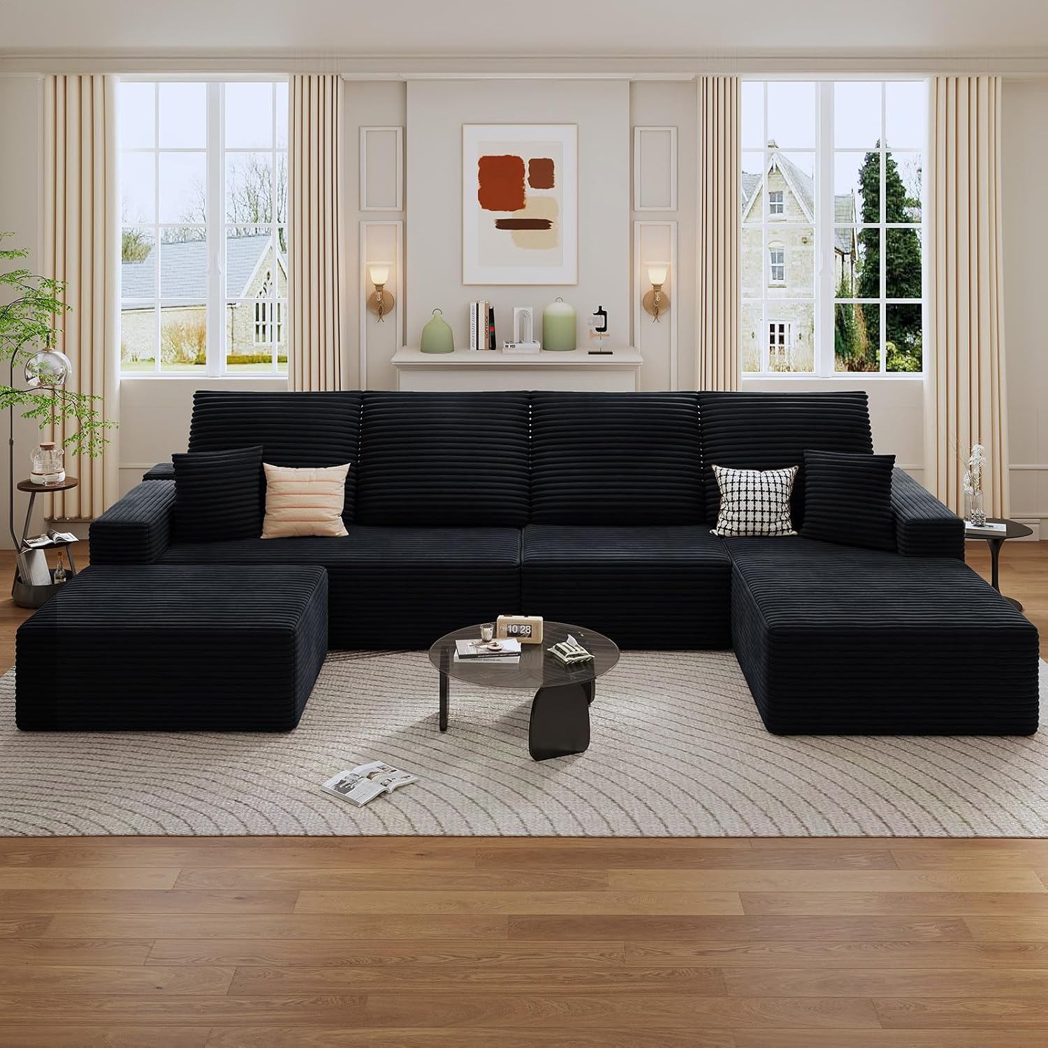 135' Cloud Sectional Couch with U-Shaped Chaise, Corduroy Sectional Sofa with Ottoman, Boneless Couch with Deep Seat in a Box for Living Room, No Assembly Required (Black, Right Facing Chaise)