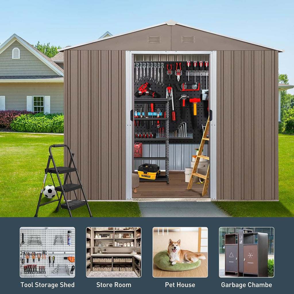 8x10 ft Outdoor Metal Storage Shed with Floor Foundation and Window, Lockable Galvanized Steel Tool Shed with Sliding Door and Air Vent, Waterproof Garden Storage House for Backyard, Patio