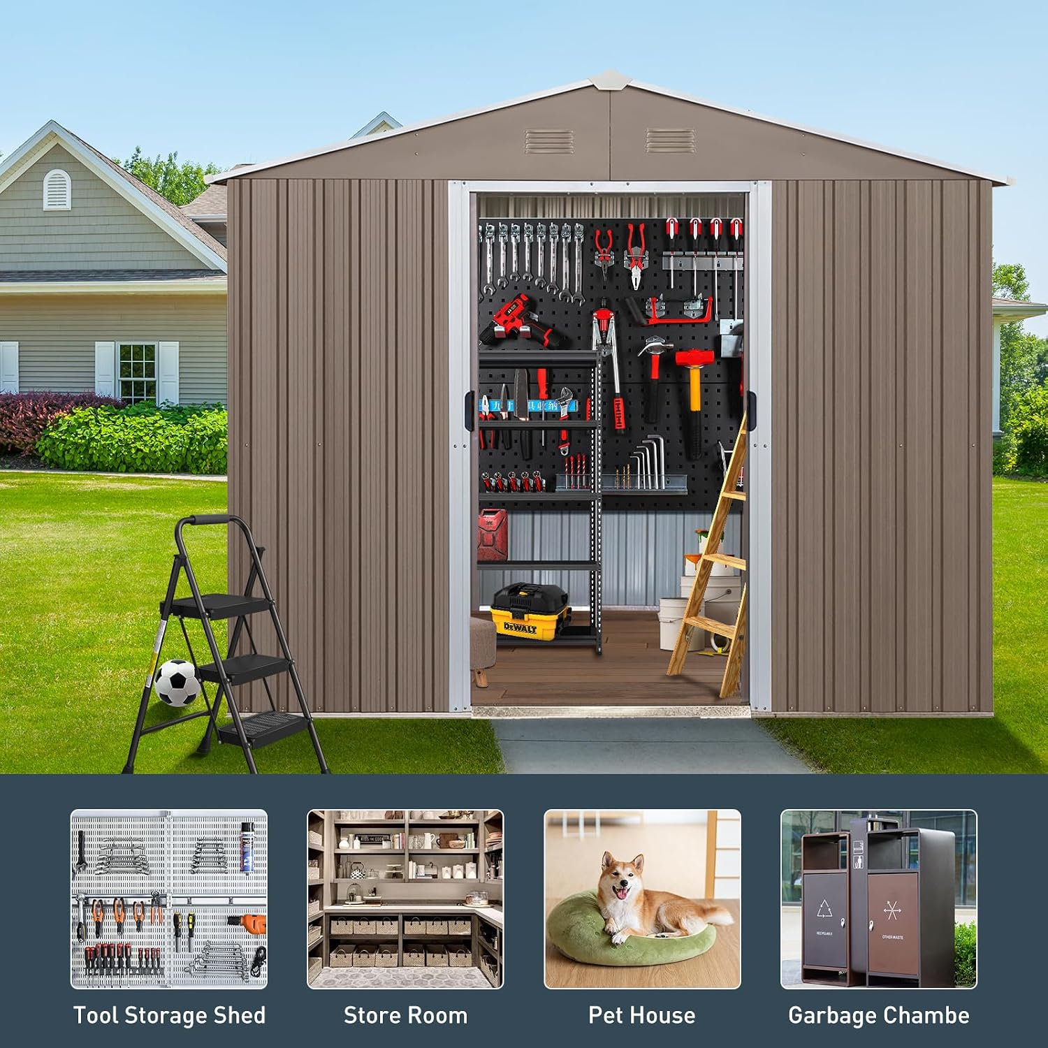 8x10 ft Outdoor Metal Storage Shed with Floor Foundation and Window, Lockable Galvanized Steel Tool Shed with Sliding Door and Air Vent, Waterproof Garden Storage House for Backyard, Patio