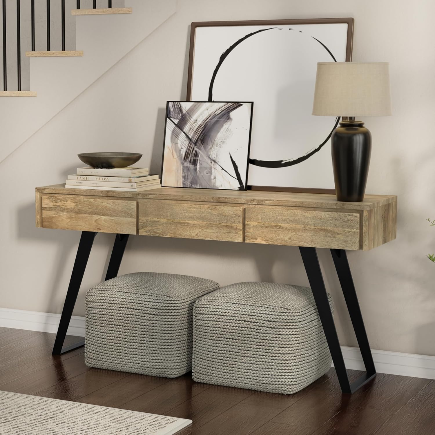 SIMPLIHOME Lowry Console Table - 60 Inch Wide Solid Mango Wood and Metal Sofa Table in Natural, Modern Industrial Storage Table for Entryway or Living Room with 3 Drawers and Angled Metal Legs