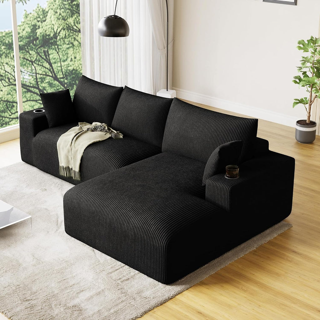 Oversized L Shaped Boneless Couch with Wide Right-Facing Chaise, 113' Fluffy Cloud Sectional Couches for Living Room, Plush Corduroy Memory Foam Modular Sectional Sofa with Cup Holder, Black