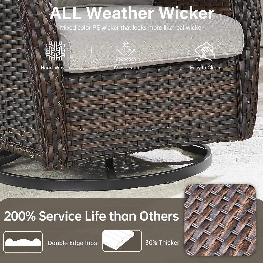 Outdoor Swivel Rocker Patio Chairs with 5' Thick Cushion - 3 Piece Wicker Bistro Set with Side Table, High Back Comfty Outdoor Glider Chairs for Balcony, Porch, Deck, Poolside - Brown/Beige