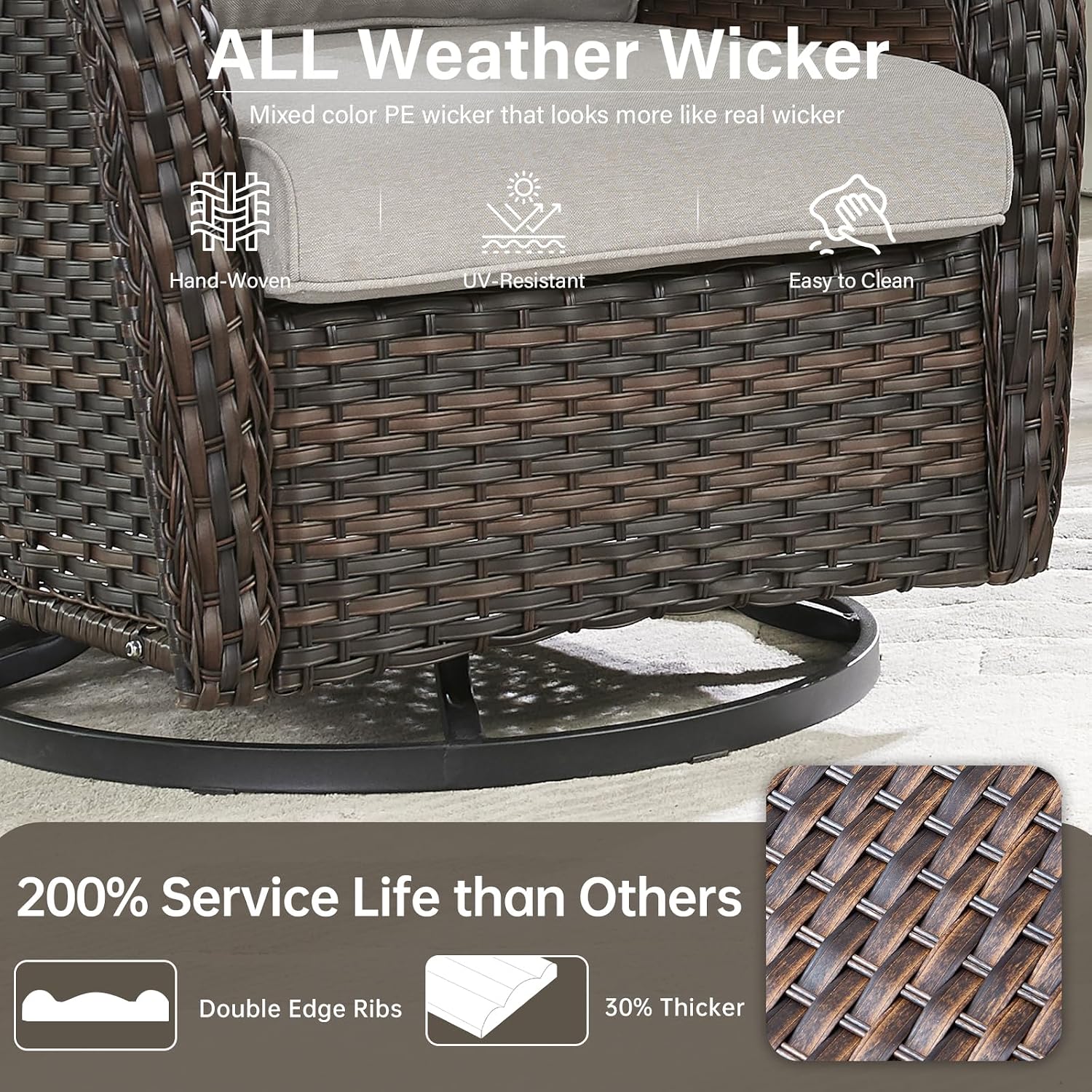 Outdoor Swivel Rocker Patio Chairs with 5' Thick Cushion - 3 Piece Wicker Bistro Set with Side Table, High Back Comfty Outdoor Glider Chairs for Balcony, Porch, Deck, Poolside - Brown/Beige