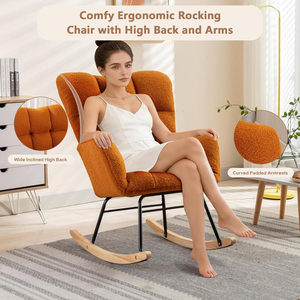 Setawix Teddy Rocking Chair with High Back,Leisure Rocking Armchair for Nursery,Mid Century Modern Rocker Glider Arm Chair for Living Room,Adults,Kids,Tufted with Solid Wood Legs
