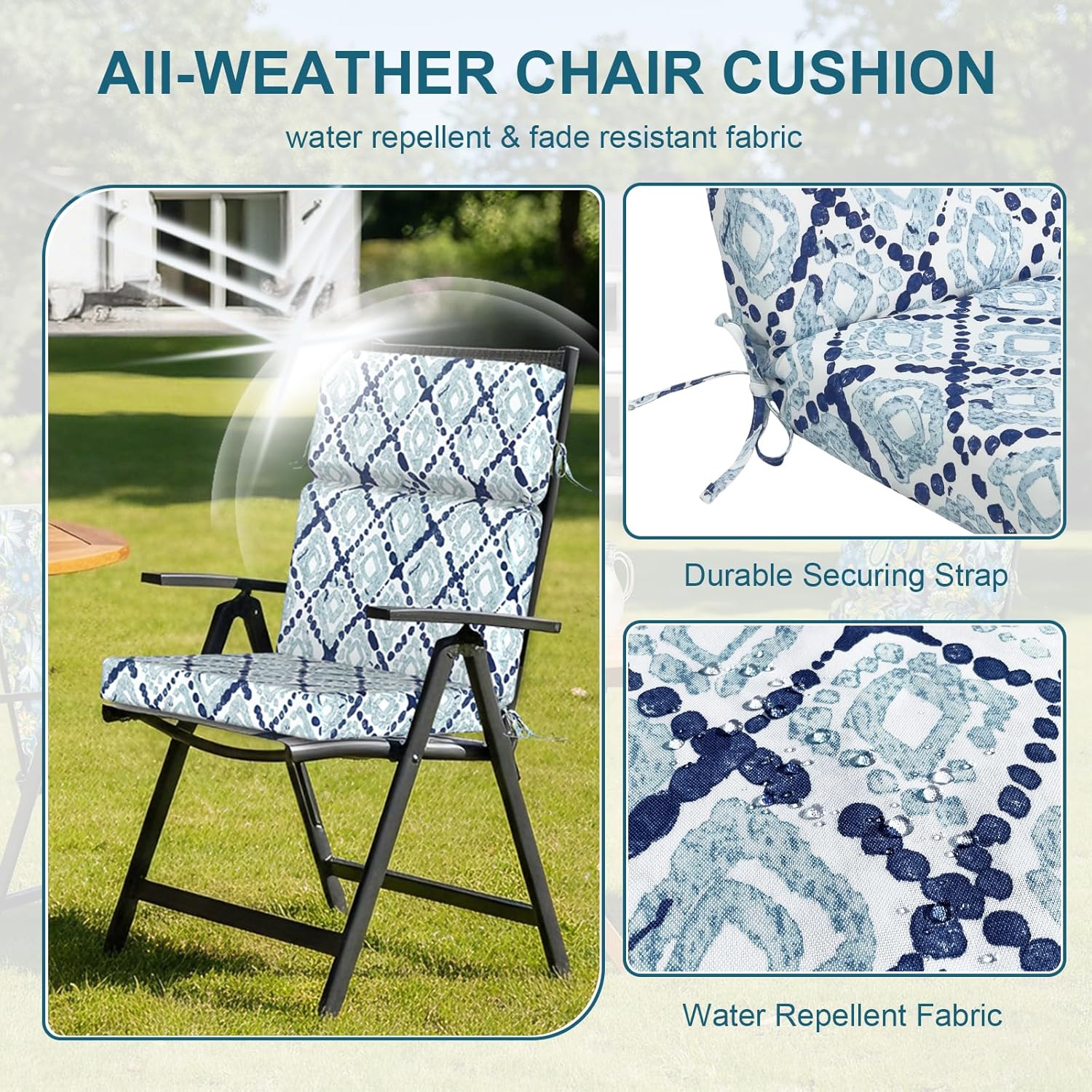 DYTXIII Outdoor High Back Chair Cushions Set of 2, 44'x22' Water Repellent Patio Seat Cushions with Elastic Sponge, All Weather Chair Pads for Rocking, Dining Chairs,Patio Furniture - Geometry Blue