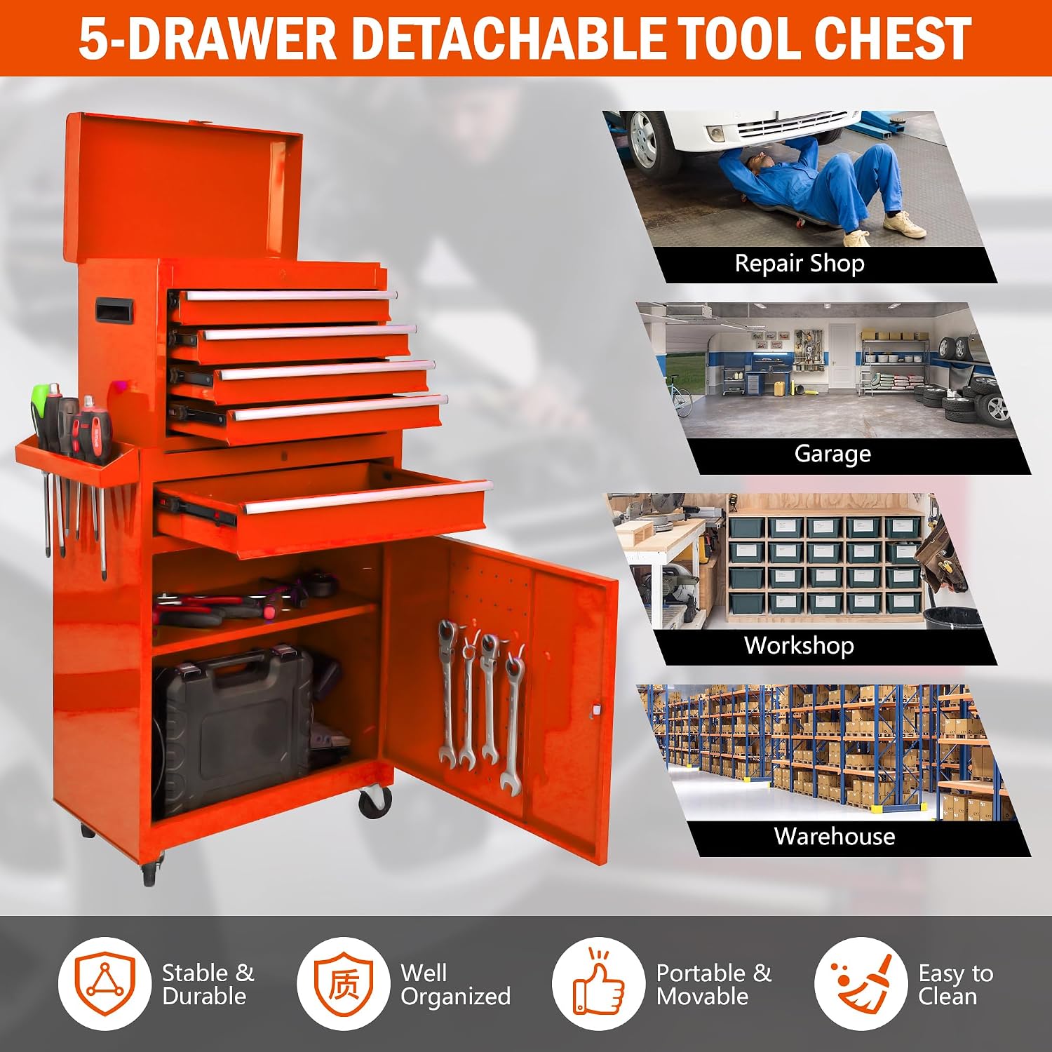 5-Drawer Tool Chest, Rolling Tool Box with Detachable Top Toolbox & Universal Wheels, Tool Cabinet with Lock Bar, Protective Liner & Tool Rack, Metal Storage Cart for Garage,Workshop (Orange)