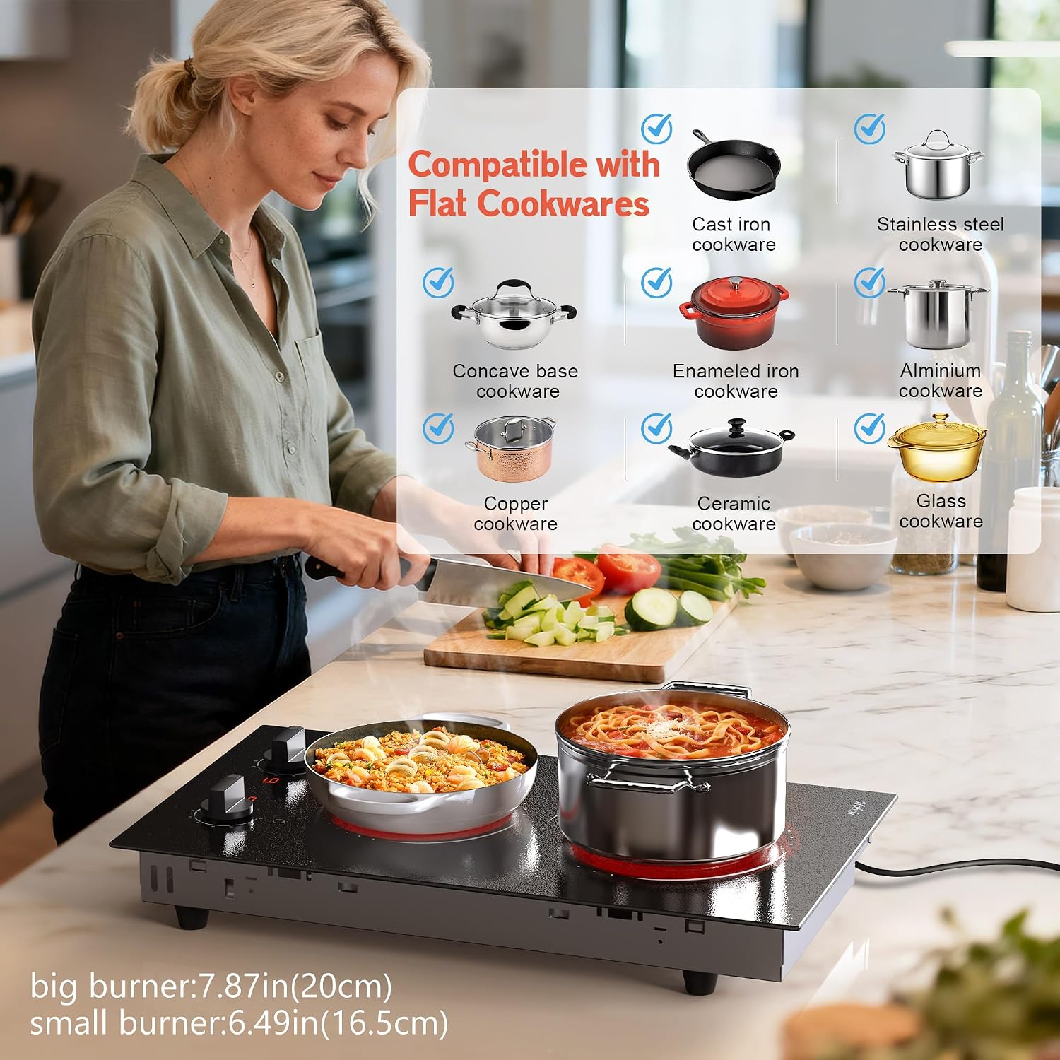 Hobsir 2 Burner Electric Cooktop 110v, Plug in Electric Stove Top, 2000W Electrical Stove Top Burner, 12 Inch Countertop & Built-in Ceramic Cooktop, Knob Control, 9 Power Level