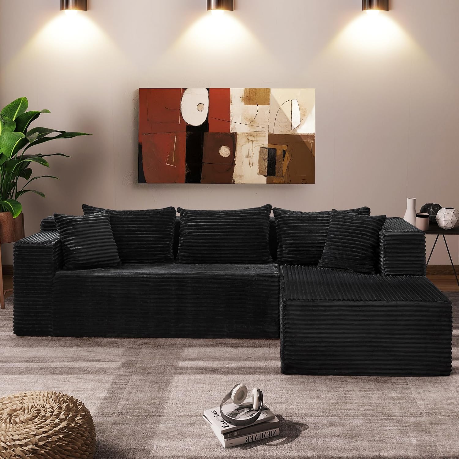 Garvee Modular Sectional Sofa Cloud Sectional Couch, 106' Comfy Fluffy L Shaped Black Couches for Living Room,Oversized Sofa Sleeper with Deep Seat, No Assembly Required, Black