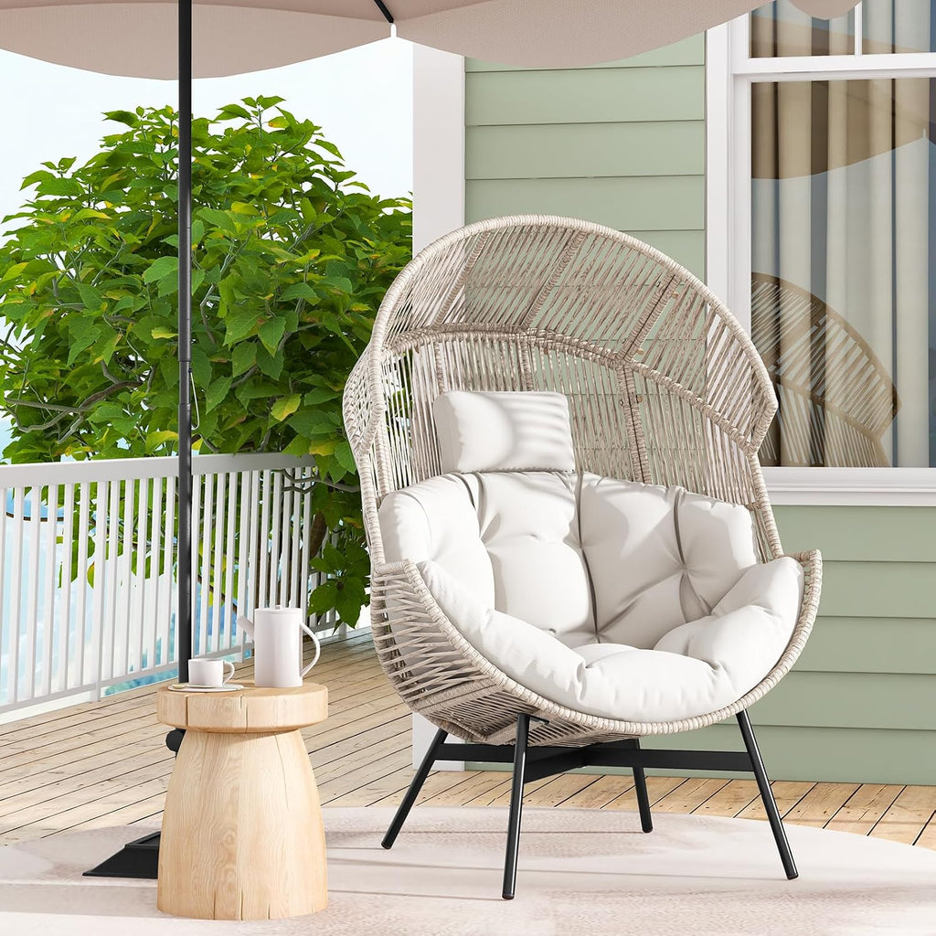 Tangkula Oversized Egg Style Chair, Wicker Stationary Patio Egg Chair w/Cushions & Headrest, Heavy-Duty Metal Frame, Patio Lounge Basket Sofa Chair for Yard, Porch, Living Room (Off White)
