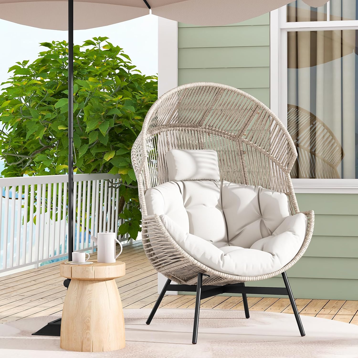 Tangkula Oversized Egg Style Chair, Wicker Stationary Patio Egg Chair w/Cushions & Headrest, Heavy-Duty Metal Frame, Patio Lounge Basket Sofa Chair for Yard, Porch, Living Room (Off White)