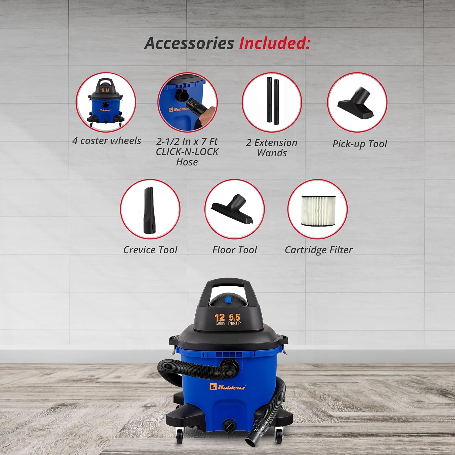 Koblenz WD-12 L4 Wet Dry Vacuum Cleaner, 12 Gallon 5.5 PHP, 3-in-1 Suction & Blower, 32 ft Reach, Drain Plug, Large Vacuum Cleaner for Car, Shop Vacuum Wet and Dry, Click-N-Lock Hose, Blue/Black