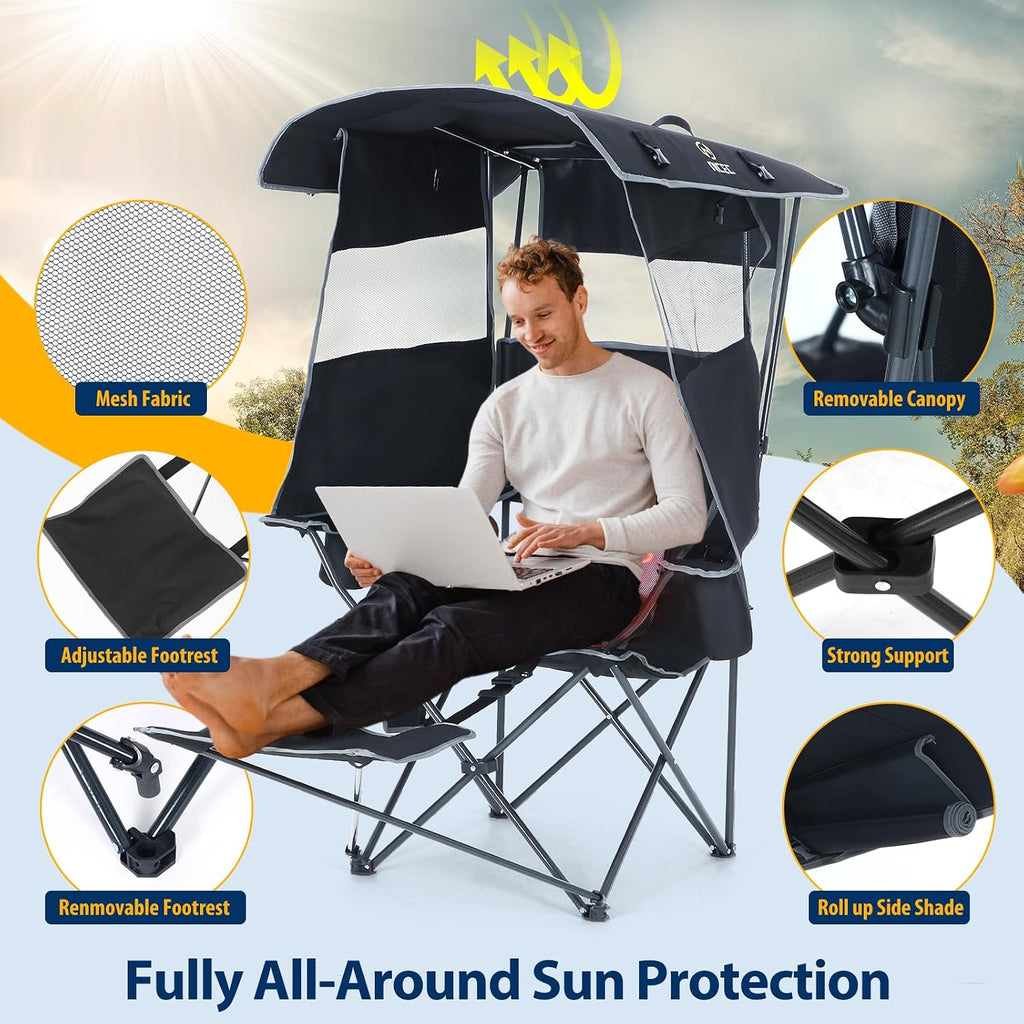 Nice C Chair with Canopy, Heated Camping Chair with Battery, Outdoor Sports Chairs with Shade, Heated Folding Umbrella Lawn Chairs, with Removable Footrest (1-Pack)
