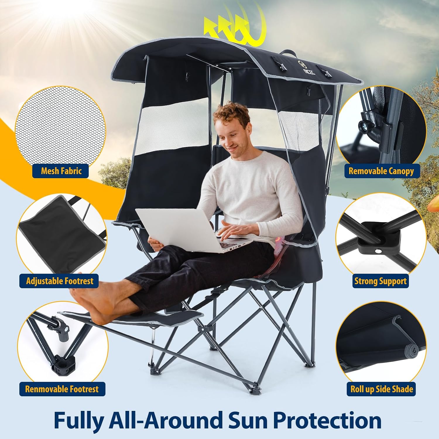 Nice C Chair with Canopy, Heated Camping Chair with Battery, Outdoor Sports Chairs with Shade, Heated Folding Umbrella Lawn Chairs, with Removable Footrest (1-Pack)