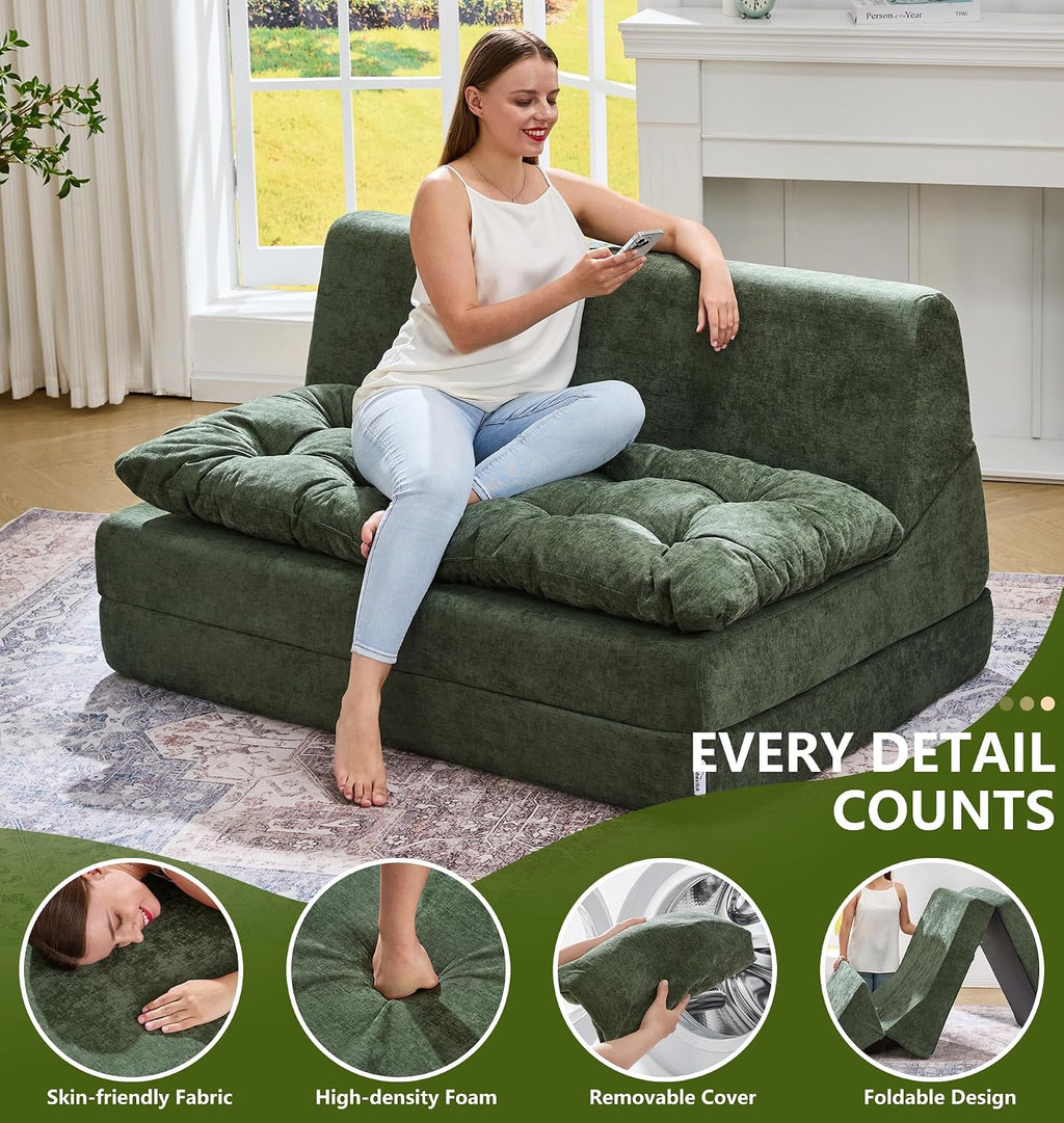 Hobestluk Sofa Couch Folding Sofa Bed Sleeper Comfy Floor Lounger Loveseat Sofa with Removable Cushion Couches Foldable Mattress for Living Room Bedroom or Office (Chenille Green, Oversize)