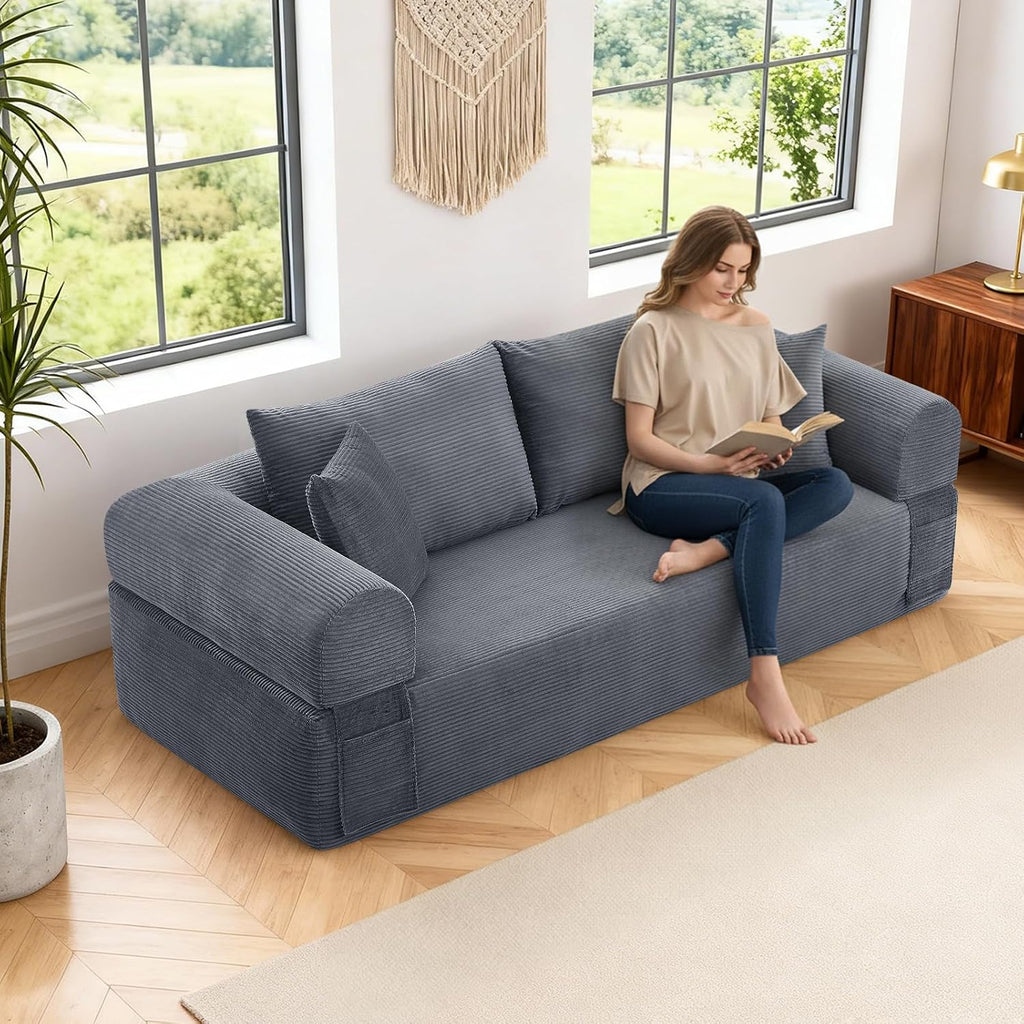 3 Seater Sofa Couch for Living Room (Grey, 38' D + 4 Pillows)