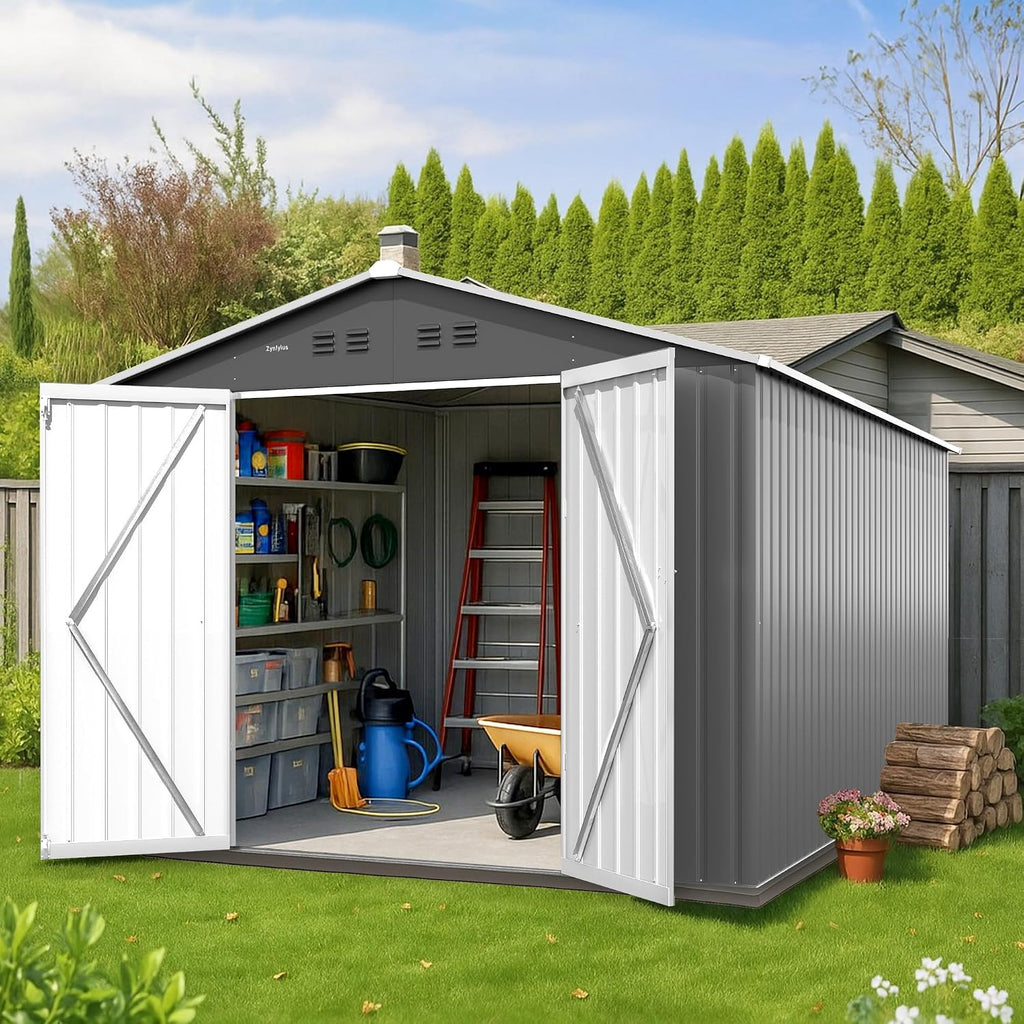 10x12 FT Outdoor Storage Shed, Tool Shed Outdoor Storage Large Updated Frame Structure with Double Lockable Doors, Steel Anti-Corrosion Sheds for Backyard, Pool, Patio, Light Gray+White