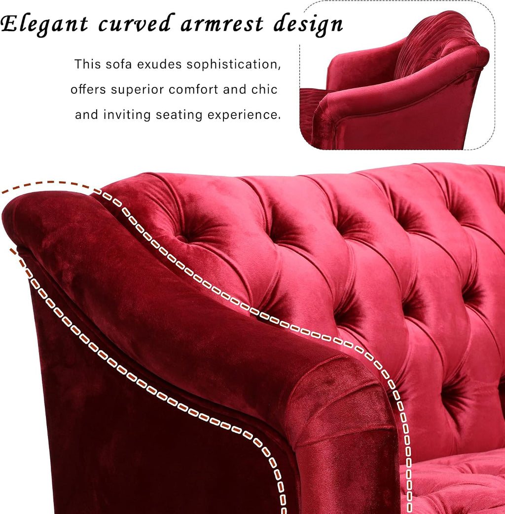 Wine Red Modern Velvet Loveseat Sofa Couch, 73' Mid - Century Tufted Upholstered Small Love Seat Couch, Curved High Back 3-Seats Couches for Compact Space, Living Room, Apartment (Wine Red)