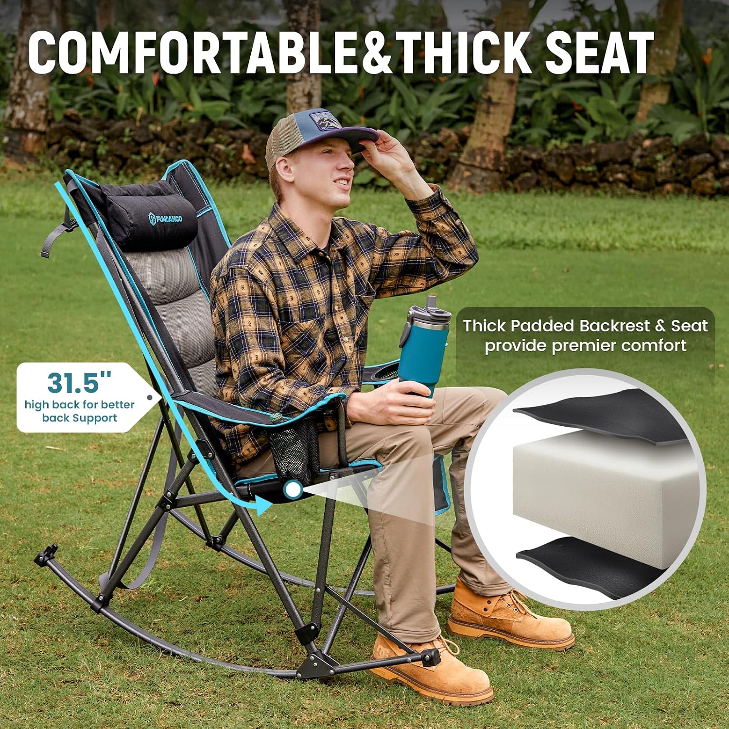 FUNDANGO Oversized Rocking Camping Chair for Adults, High Back Padded Folding Lawn Chairs with Pillows, Wide Armrest, 2 Cup Holders, Carry Bag for Patio Garden Outdoor Supports 440Lbs (Black)