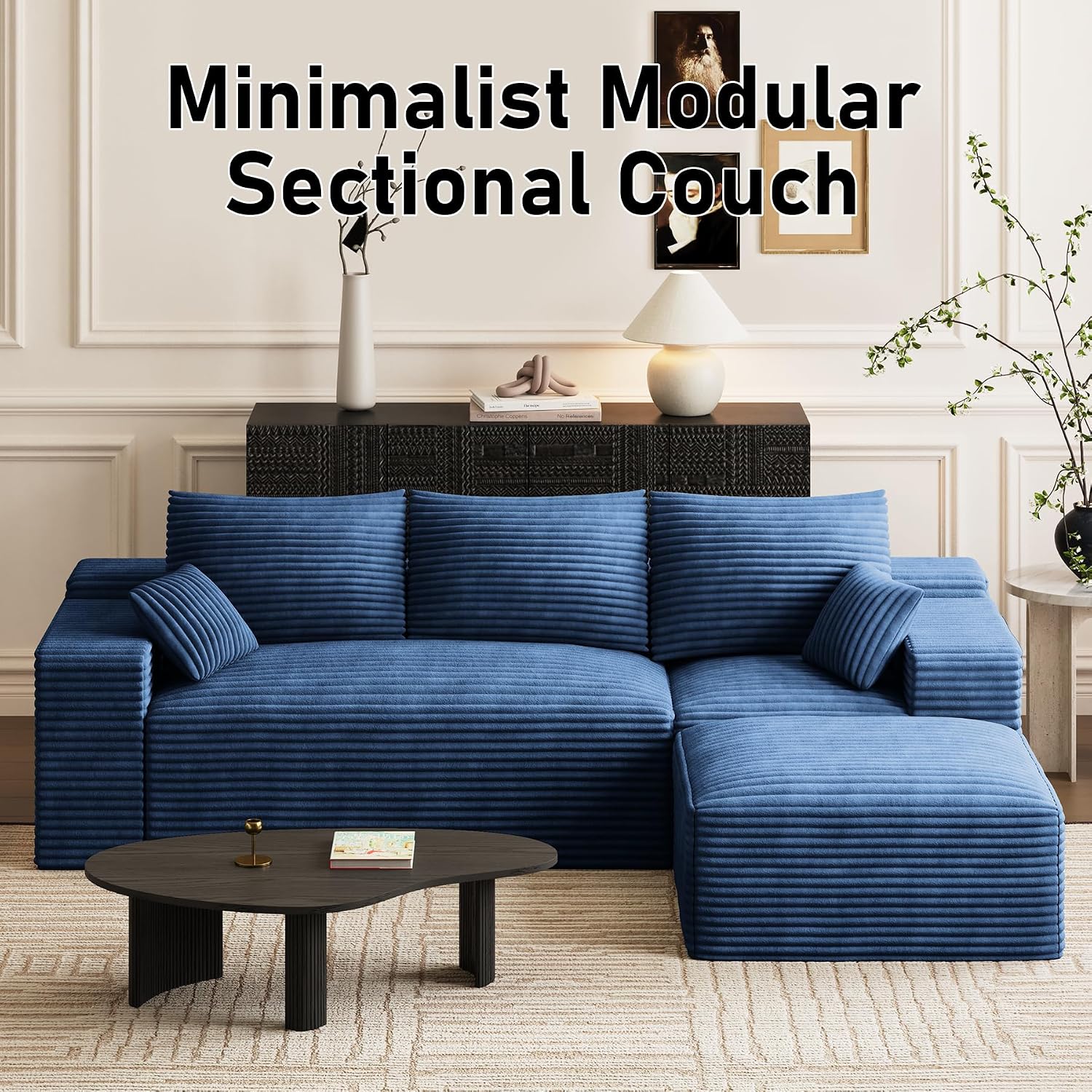 108' Oversized L-Shaped Sectional Couches for Living Room, Comfy Fluffy Corduroy Blue Boneless Cloud Couch with Ottoman, Plush Memory Foam Modular Sectional Sofa for Small Spaces
