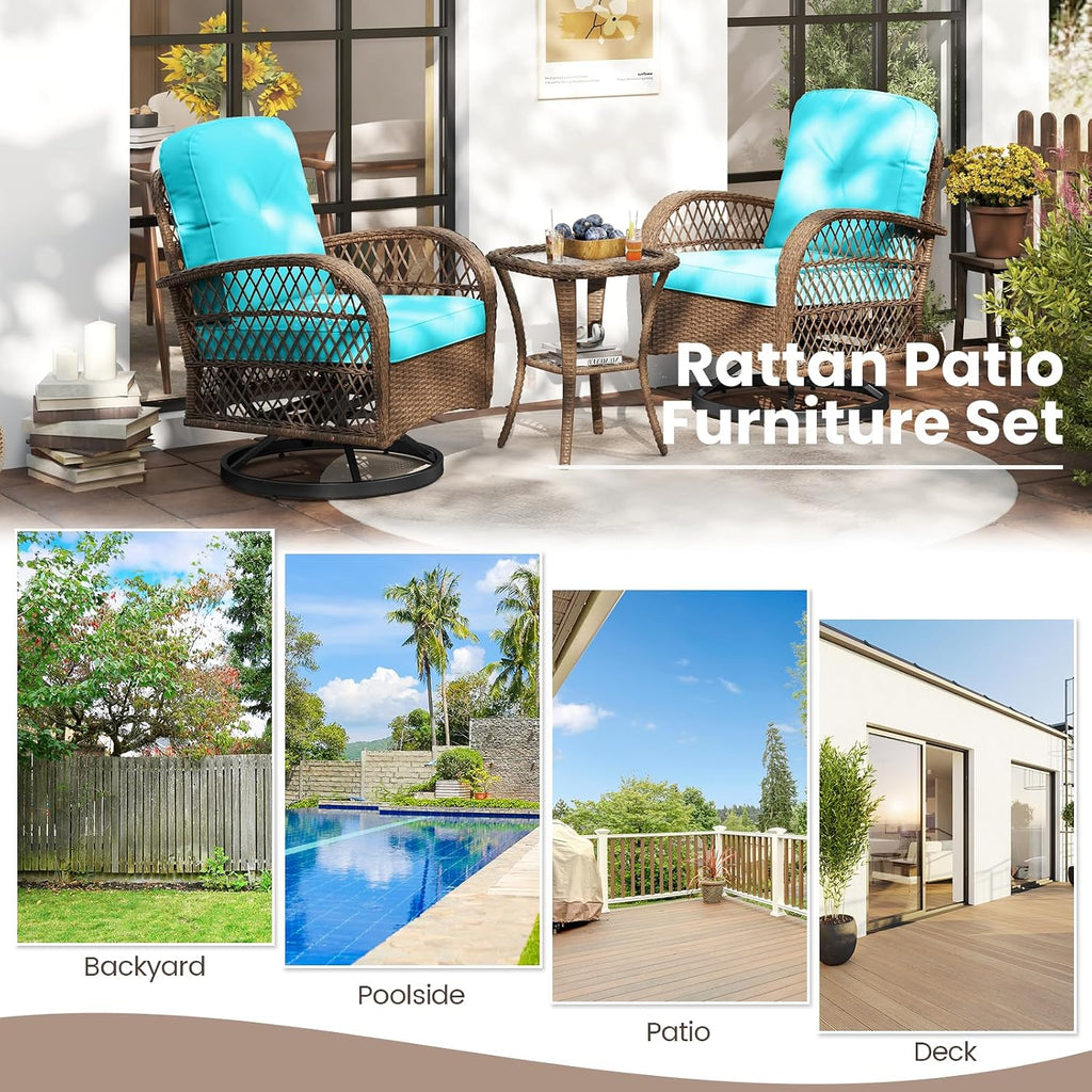 ORALNER 3 Pieces Wicker 360° Swivel Rocker Set Patio Furniture, Rocking Chairs with Cushions, Tempered Glass Coffee Table, Outdoor Rattan Bistro Set for Balcony Front Porch Deck Poolside (Turquoise)