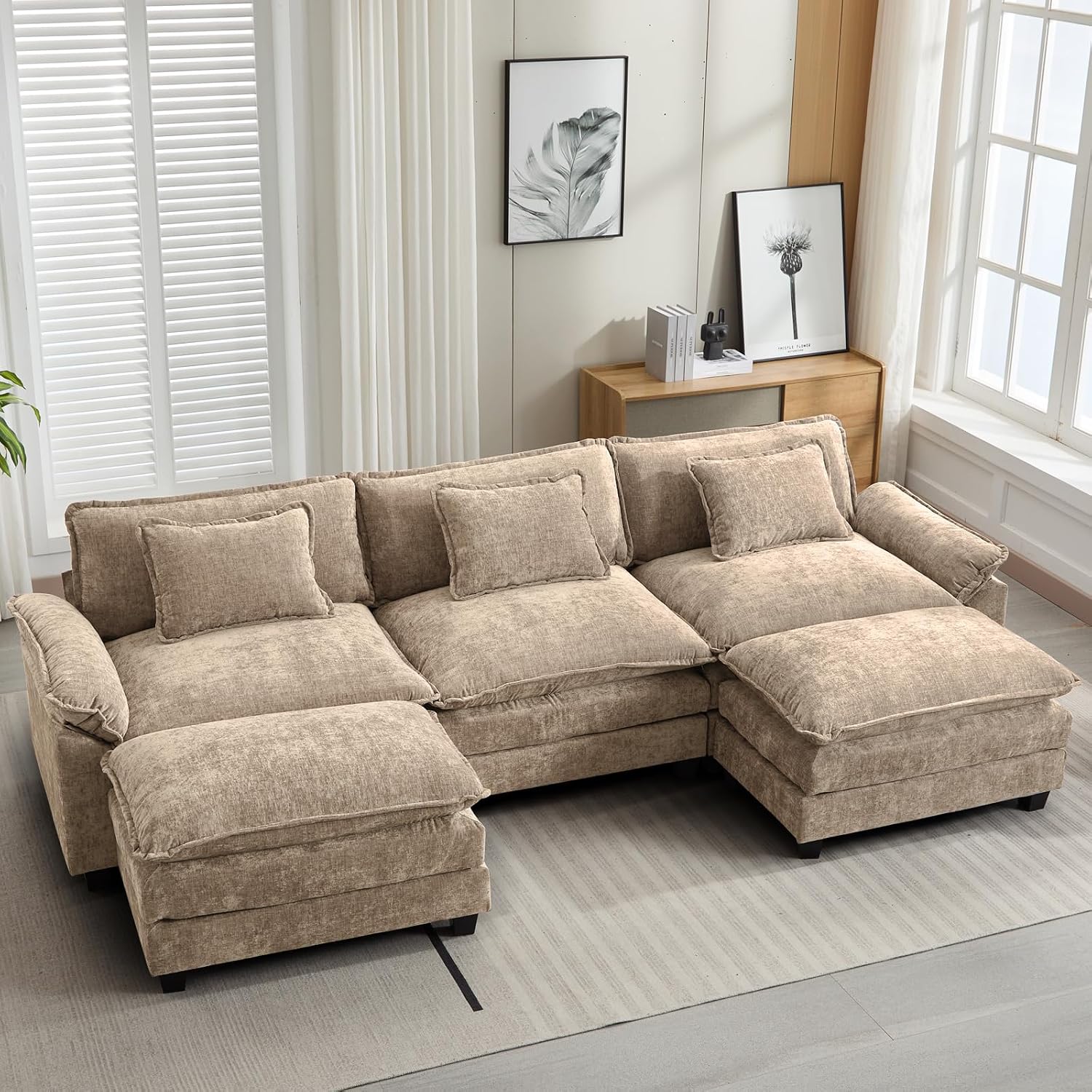 Oprisen 120' Modular Sectional Sofa, Comfy Cloud Couch Sectional Sofa with Ottoman, Chenille Sofa Sleeper Deep Seat Sofa with Throw Pillows for Living Room (Khaki, 120'- U Shape)