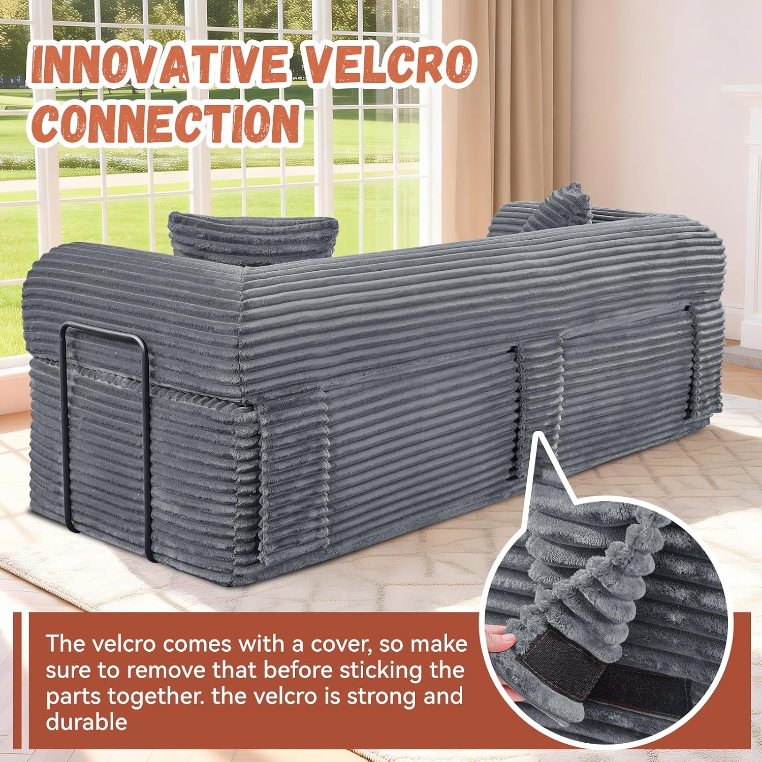 3 Seater Sofa Couch for Living Room (Gray, 30' D + 2 Pillows +Fixed-Shape Frame)