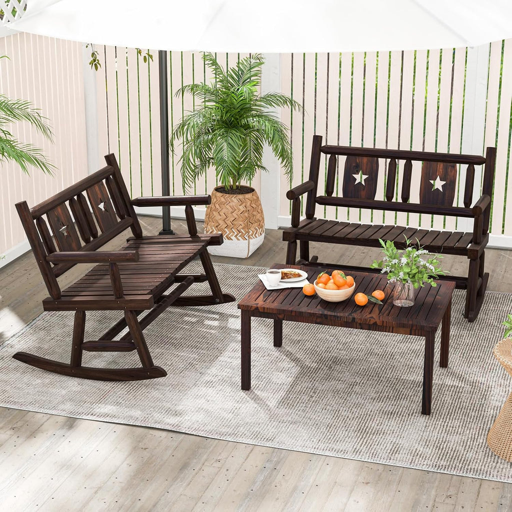 HAPPYGRILL Outdoor Wood Rocking Bench Carbonized Double Rocking Chair for 2 Persons with Wide Curved Seat, Porch Rocker for Porch, Garden, Backyard, 710LBS Capacity