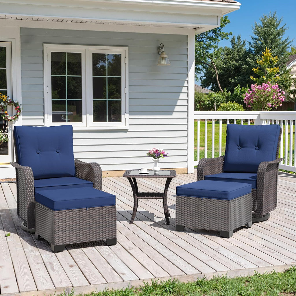 ALAULM 5-Piece Outdoor Swivel Rocking Chair Set with 4' Thick Cushions and High Back, Wicker Patio Chairs with Side Table & 2 Footstools for Porch, Poolside, Backyard—Dark Blue