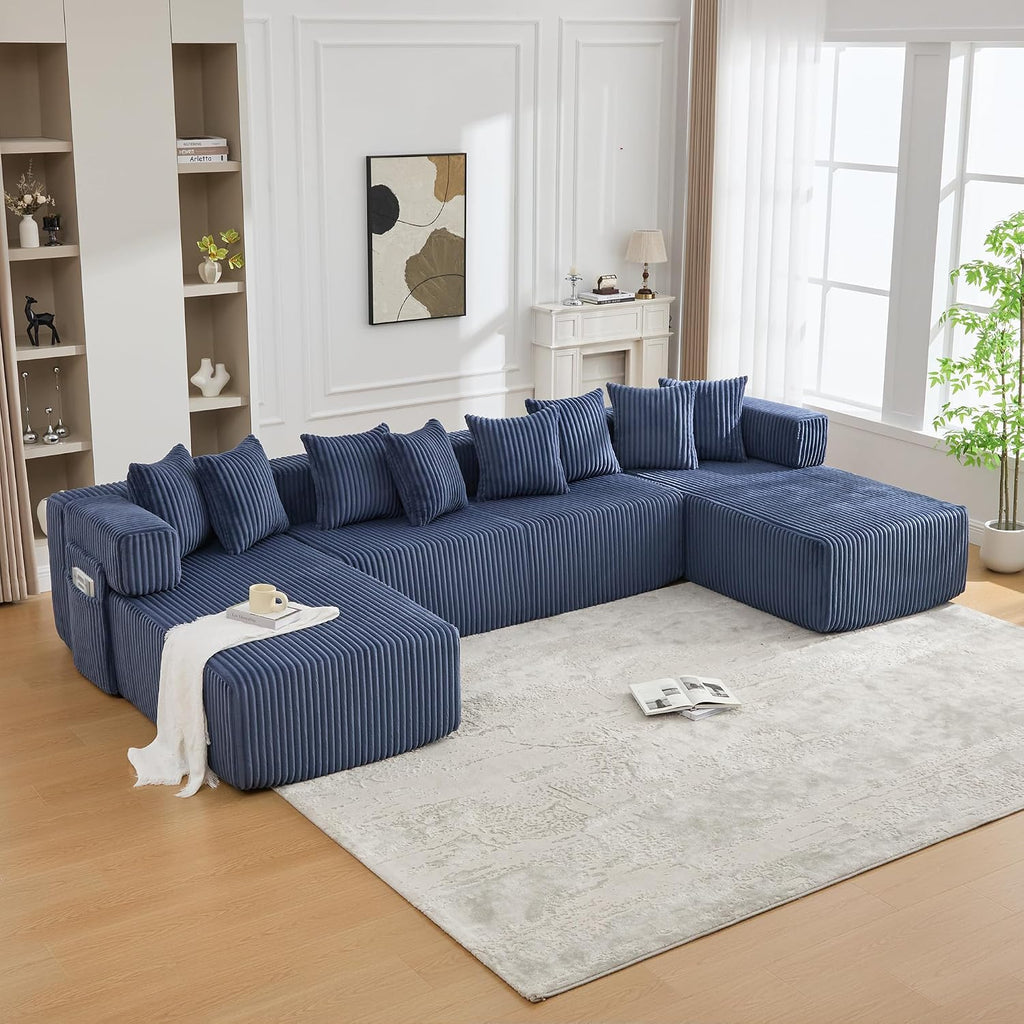 Oversized Cloud Boneless Couch with Chaise, 146' Modern U Shape Modular Deep Seat Sectional Sofa, Comfy Corduroy Upholstered Couches for Living Room, No Assembly Required-Blue