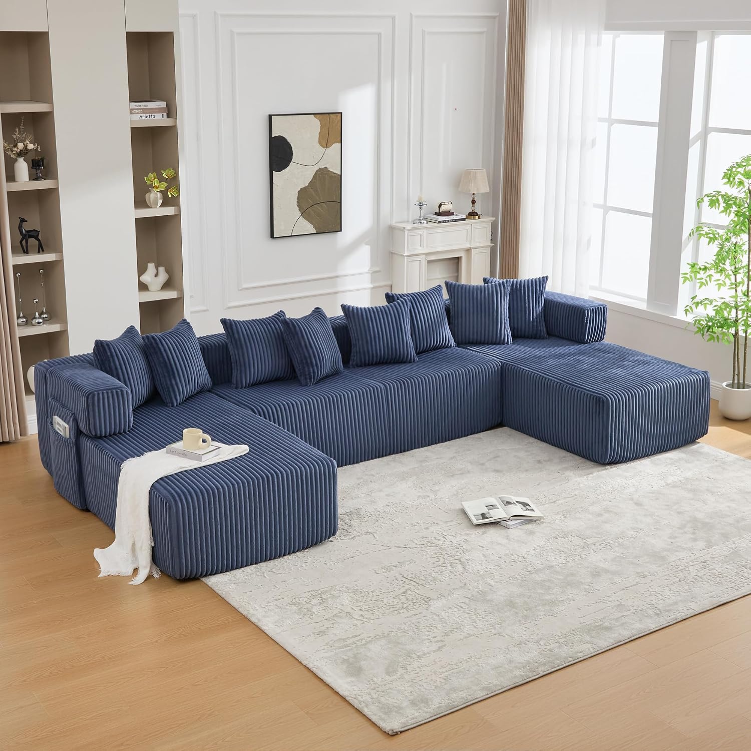 Oversized Cloud Boneless Couch with Chaise, 146' Modern U Shape Modular Deep Seat Sectional Sofa, Comfy Corduroy Upholstered Couches for Living Room, No Assembly Required-Blue