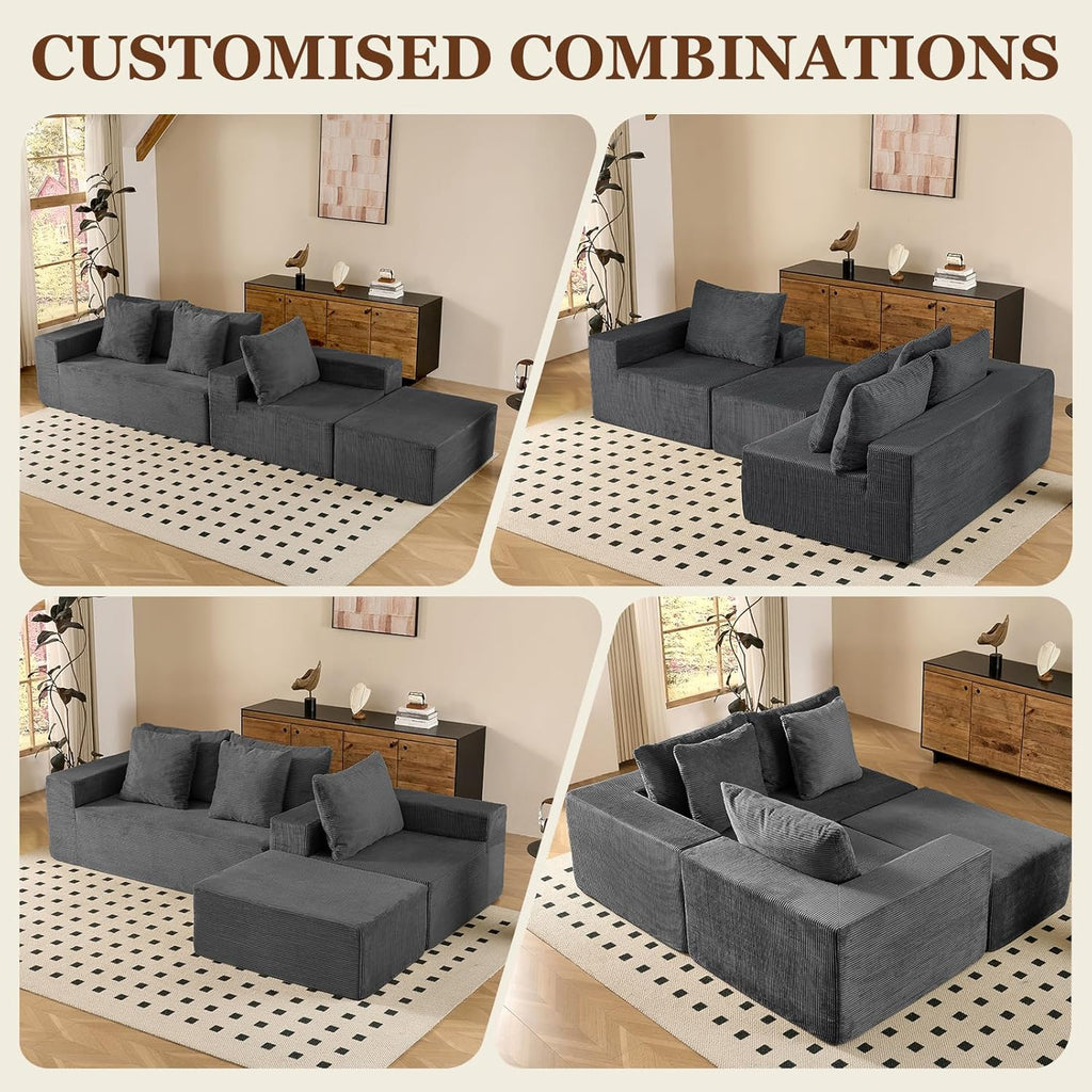 INGEROOM 108' Cloud Sectional Couch with L-Shape Chaise, Modular Sofa Memory Foam, Boneless Sofa with Movable Ottoman, Upholstered Couches for Living Room Bedroom, No Assembly Required, Dark Gray