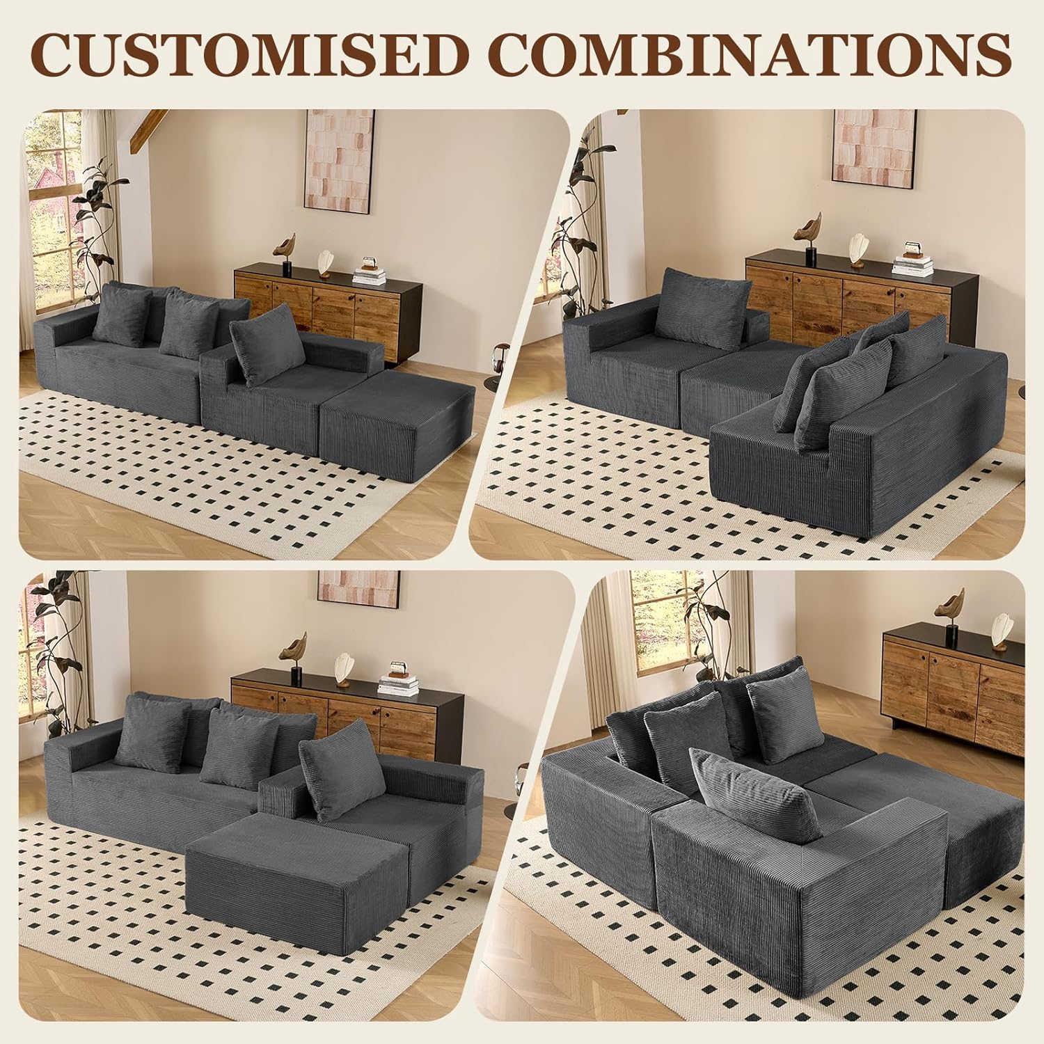 INGEROOM 108' Cloud Sectional Couch with L-Shape Chaise, Modular Sofa Memory Foam, Boneless Sofa with Movable Ottoman, Upholstered Couches for Living Room Bedroom, No Assembly Required, Dark Gray