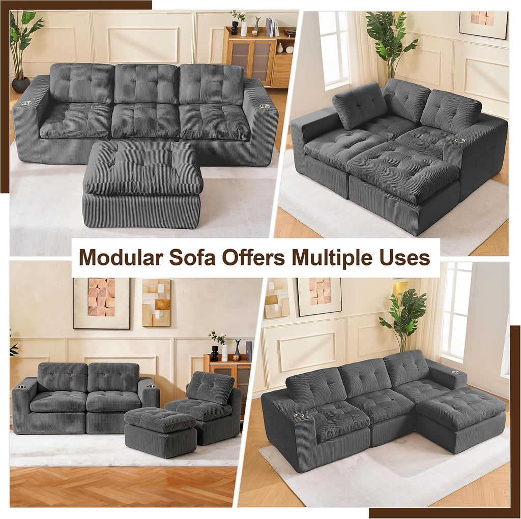 105' Modular Sectional Sofa, Cloud Sectional Couch with Deep Seat, Modern Corduroy Comfy L Shaped Couch with Chaise, Boneless Couches for Living Room Bedroom (Dark Gray)